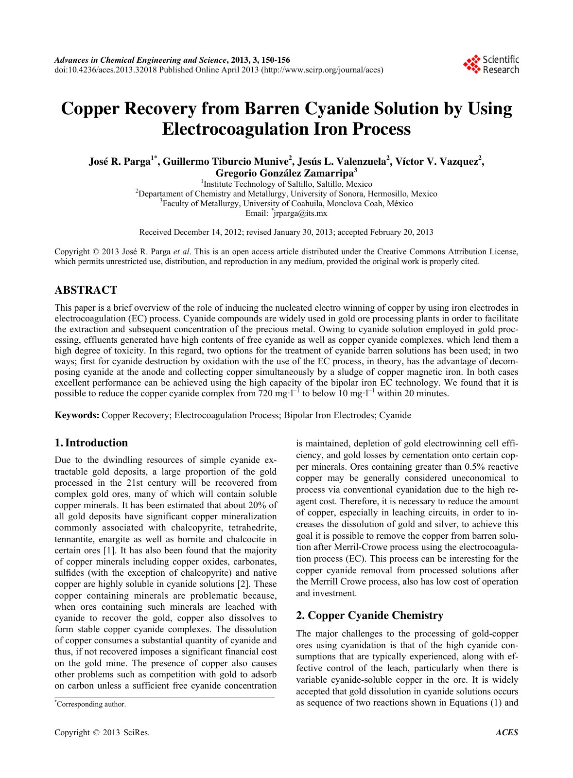 First page of Copper Recovery from Barren Cyanide Solu