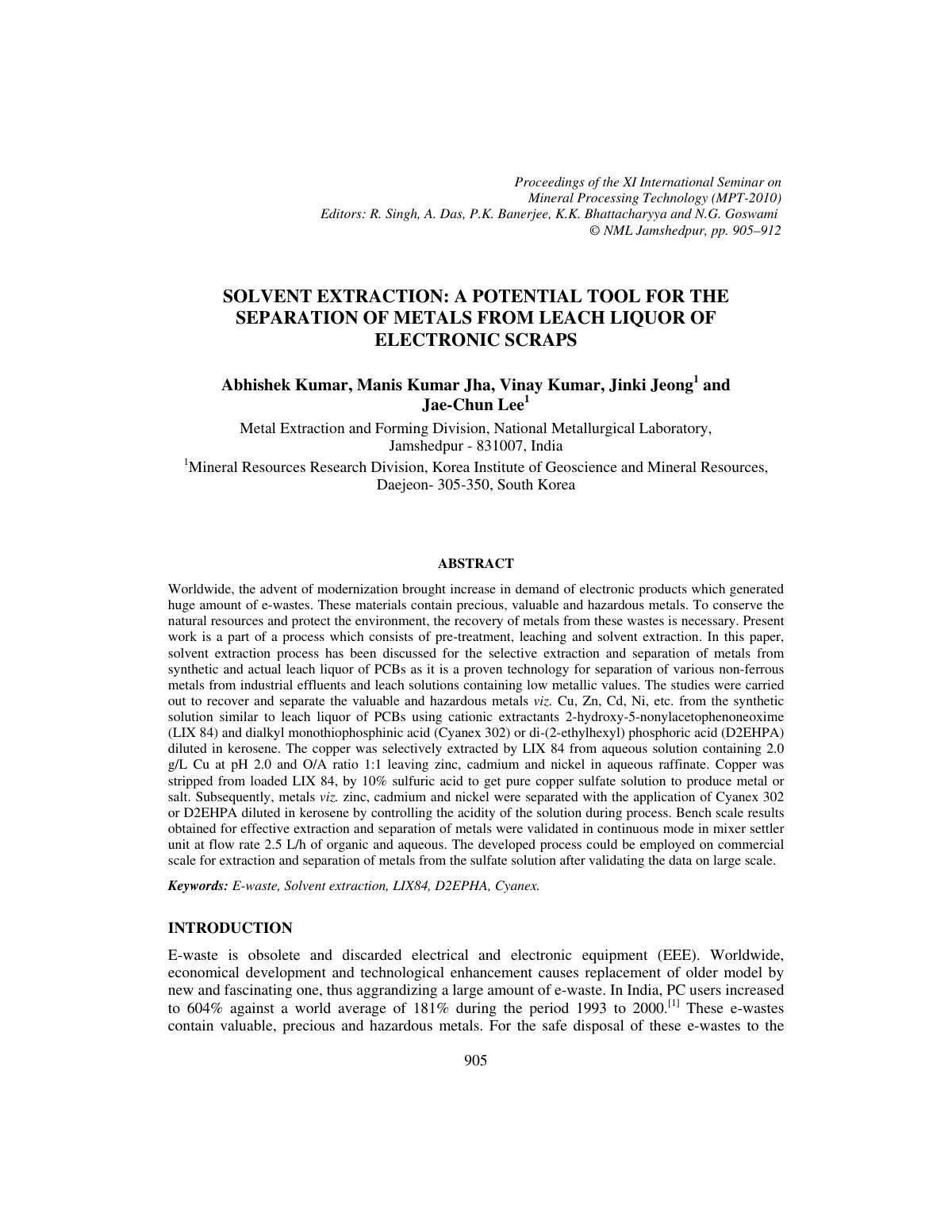 First page of Solvent extraction a potential tool for