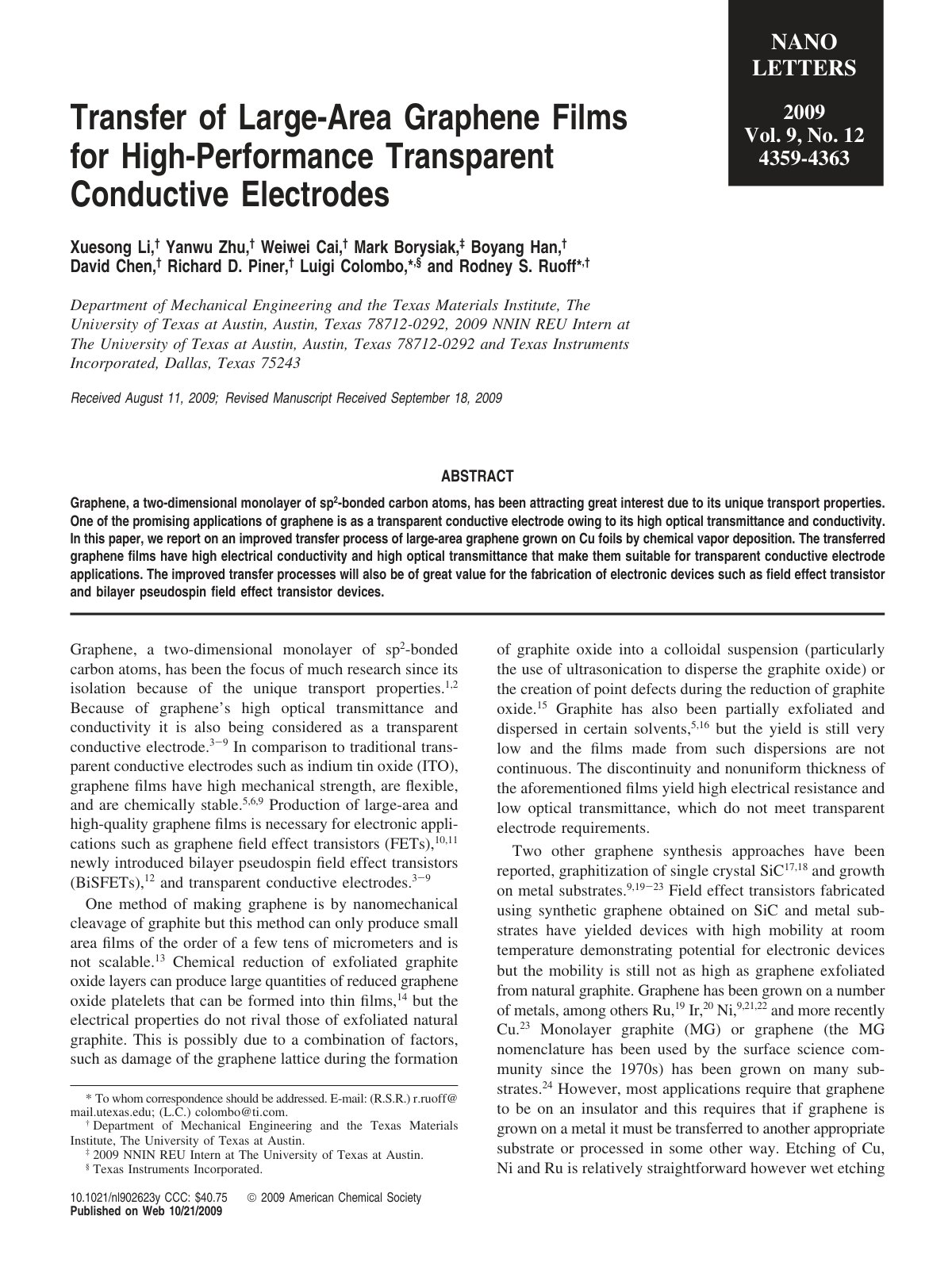 First page of Transfer of Large Area Graphene Films fo