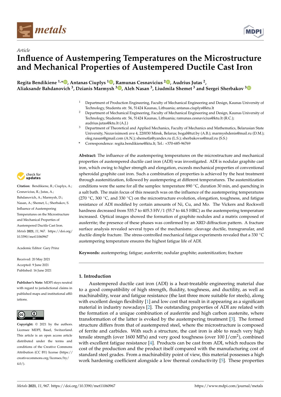 First page of Influence of Austempering Temperatures on the Microstructure and Mechanical Properties of Austempered Ductile Cast Iron