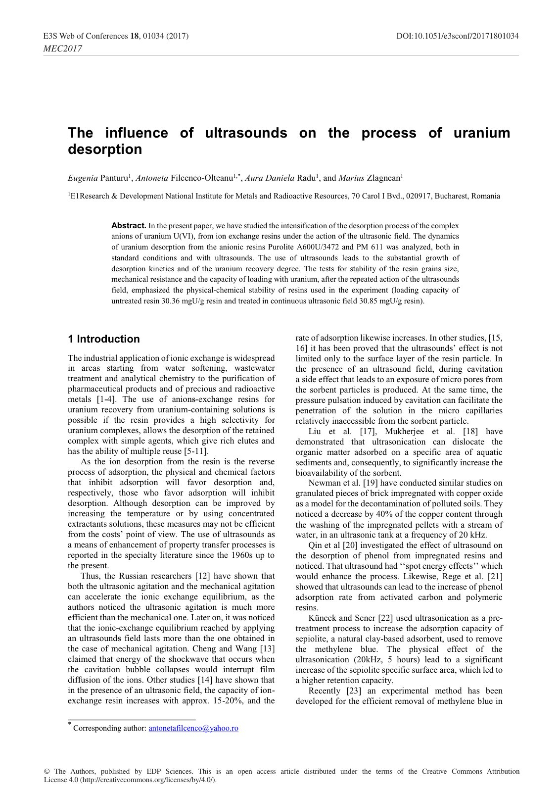 First page of The influence of ultrasounds on the process of uranium desorption