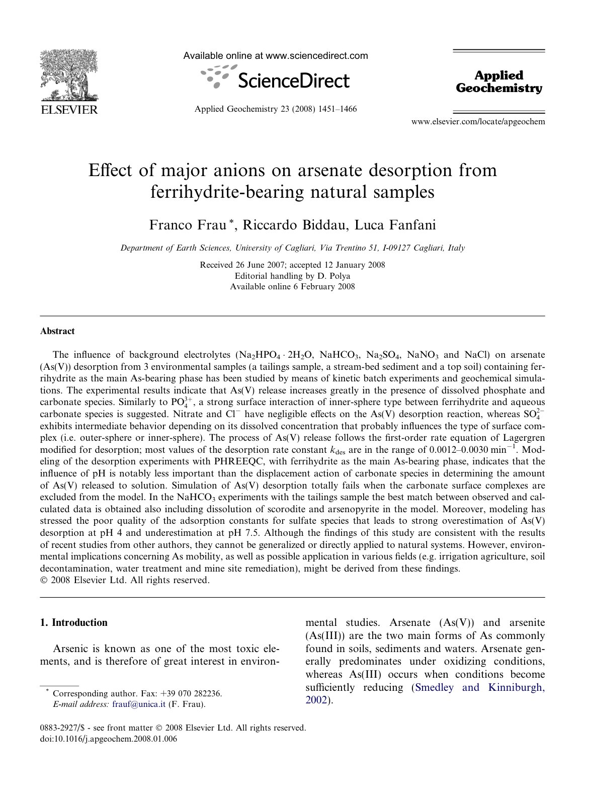 First page of Effect of major anions on arsenate desor