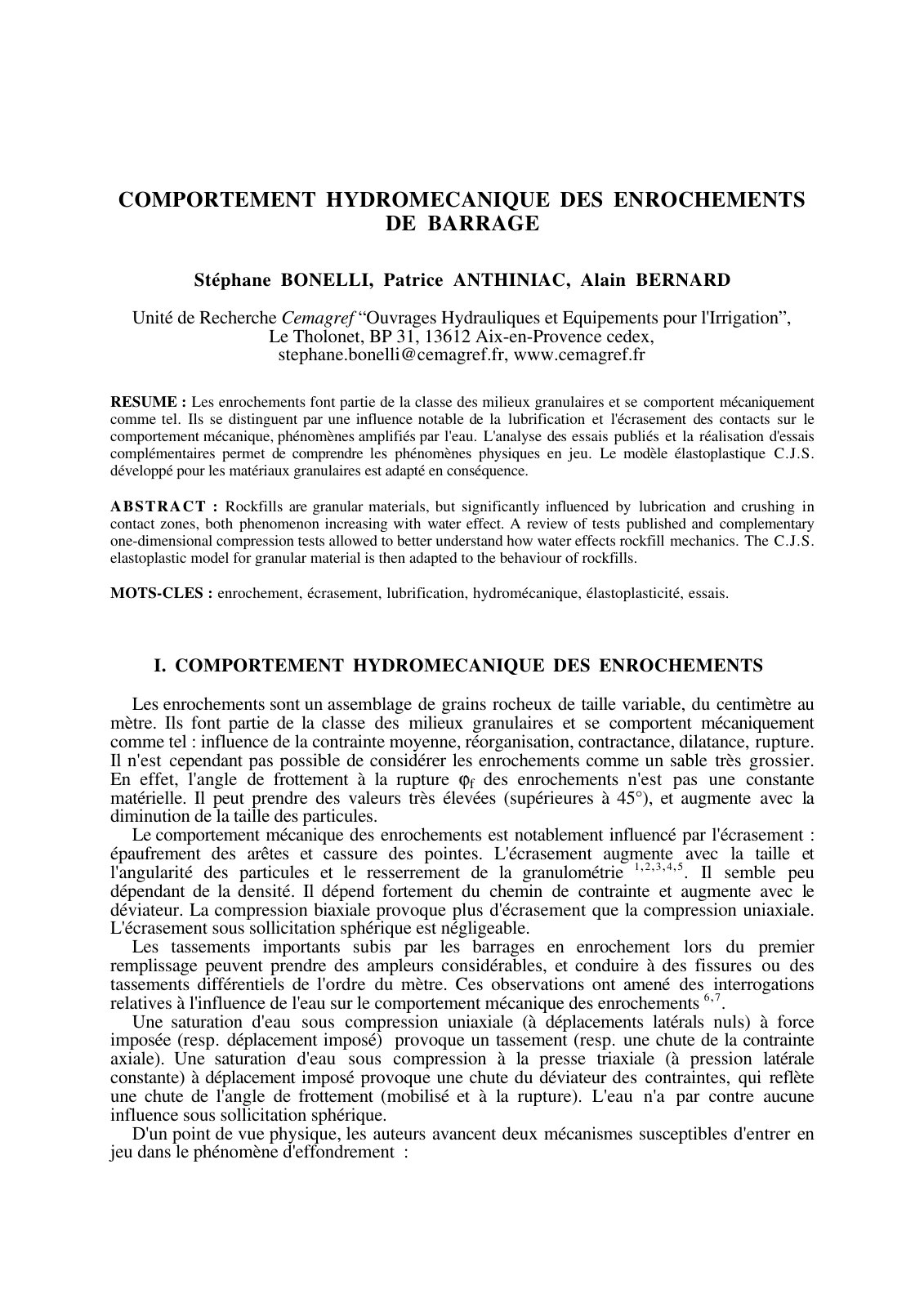 First page of COMPORTEMENT HYDROMECANIQUE DES ENROCHEMENTS DE BARRAGE