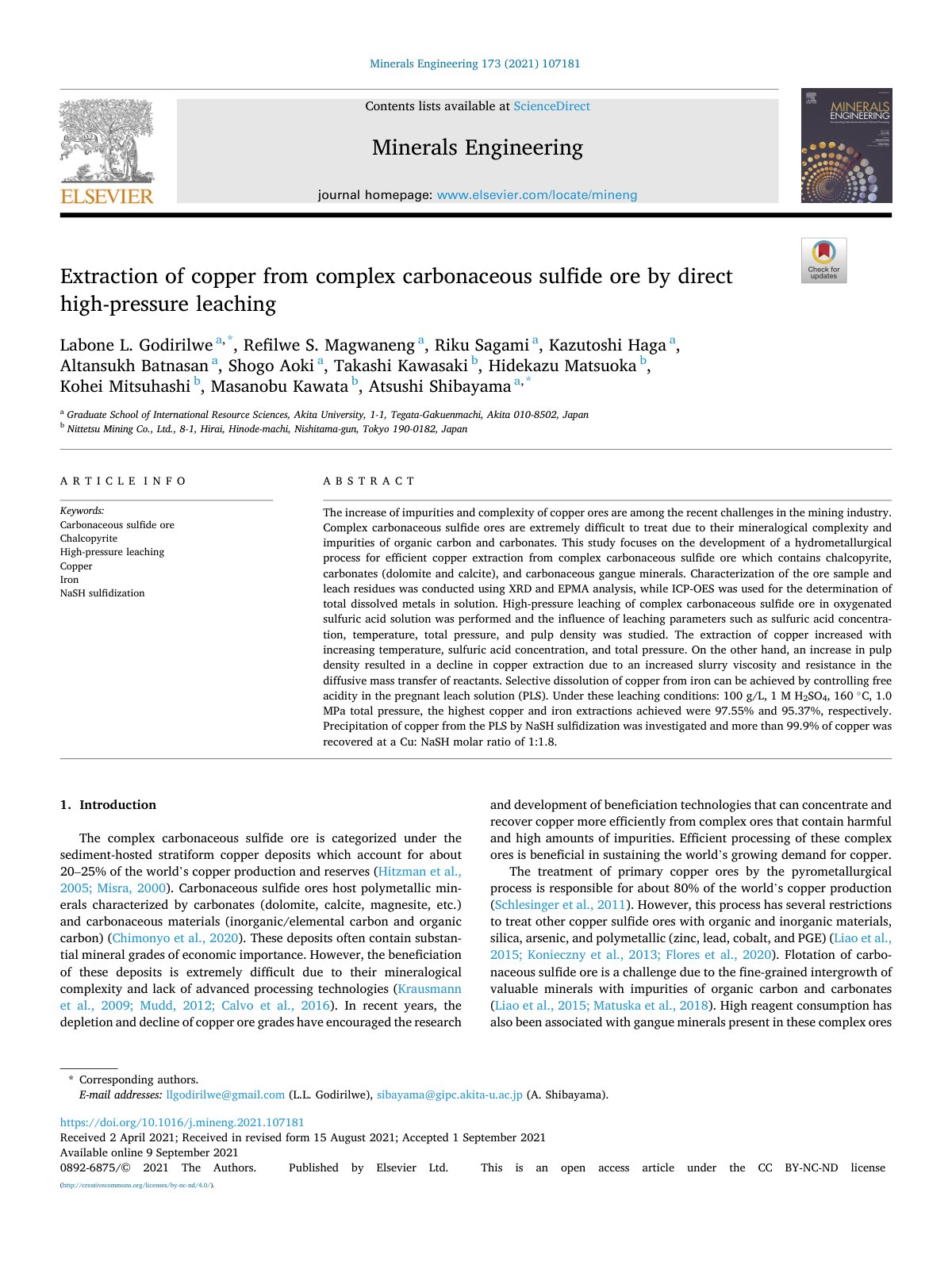 First page of Extraction of copper from complex carbonaceous sulfide ore by direct high-pressure leaching