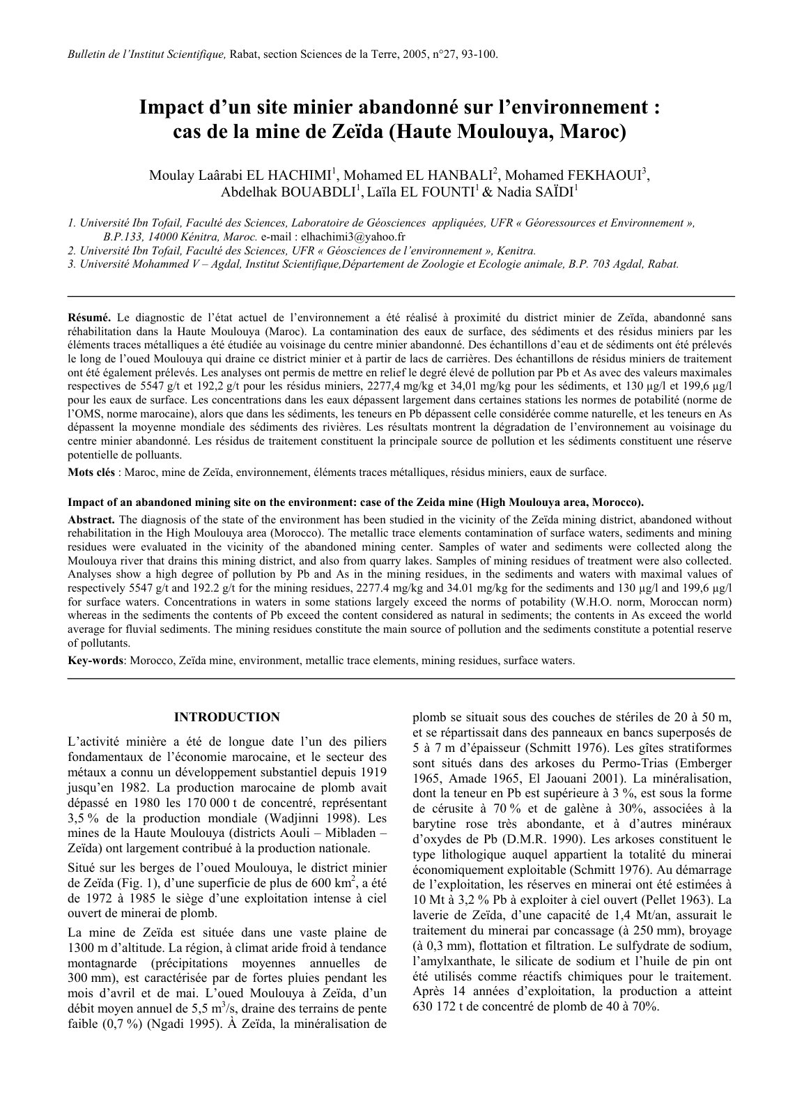 First page of Impact d’un site minier abandonné sur l’environnement : cas de la mine de Zeïda (Haute Moulouya, Maroc)