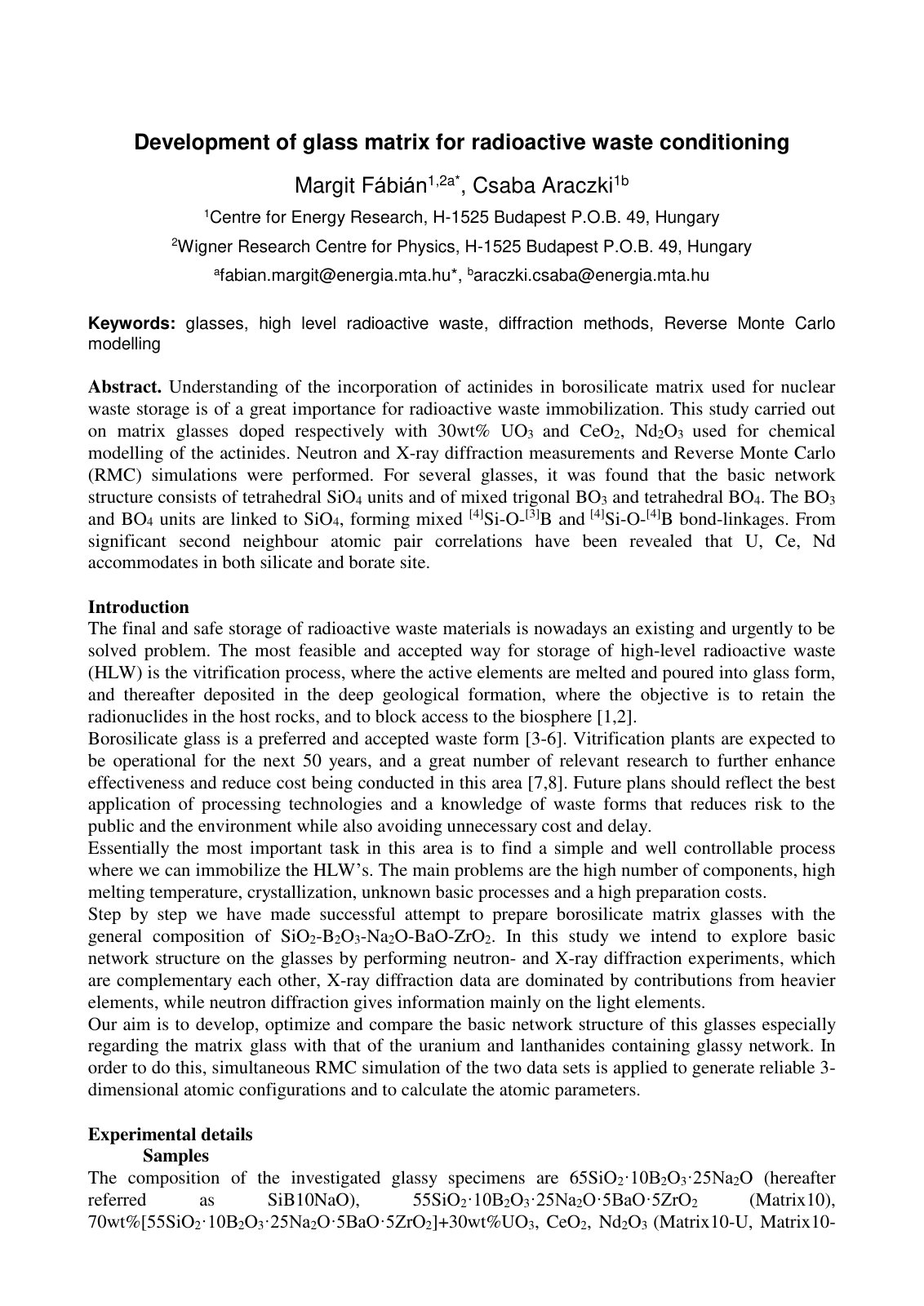 First page of Development of Glass Matrix for Radioact