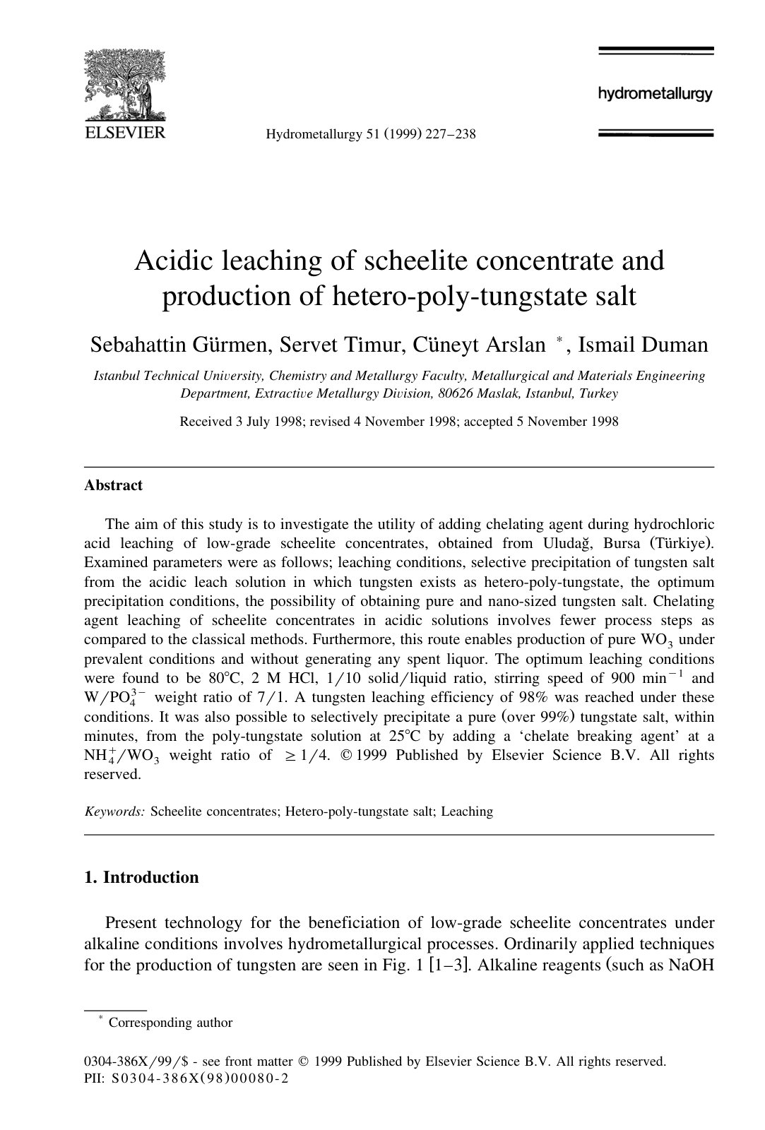 First page of Acidic leaching of scheelite concentrate and production of hetero-poly-tungstate salt