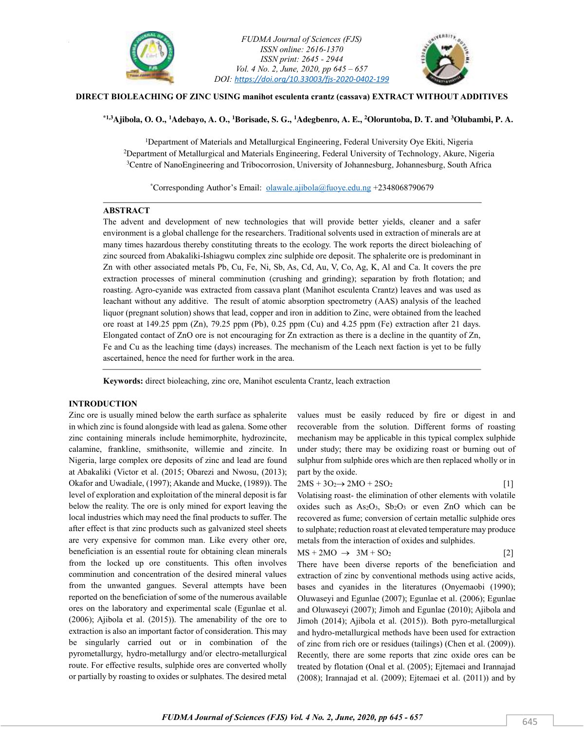 First page of DIRECT BIOLEACHING OF ZINC USING manihot