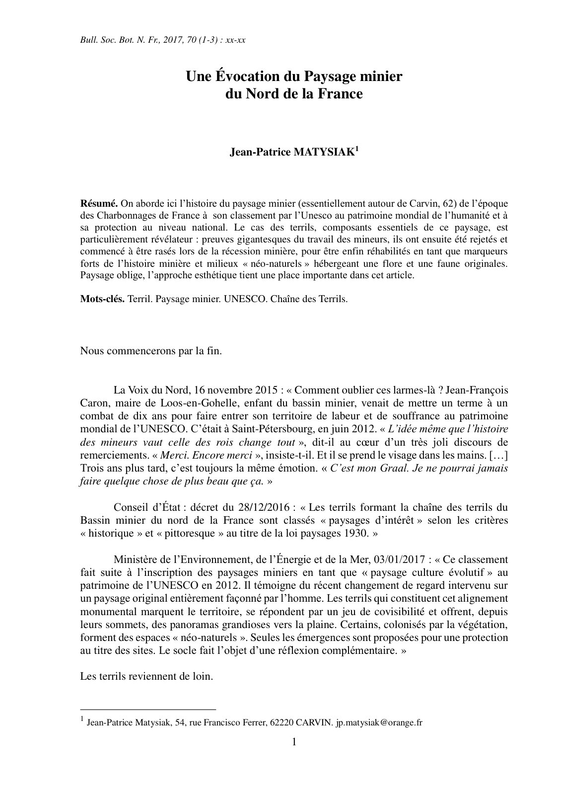 First page of Une Évocation du Paysage minier du Nord de la France