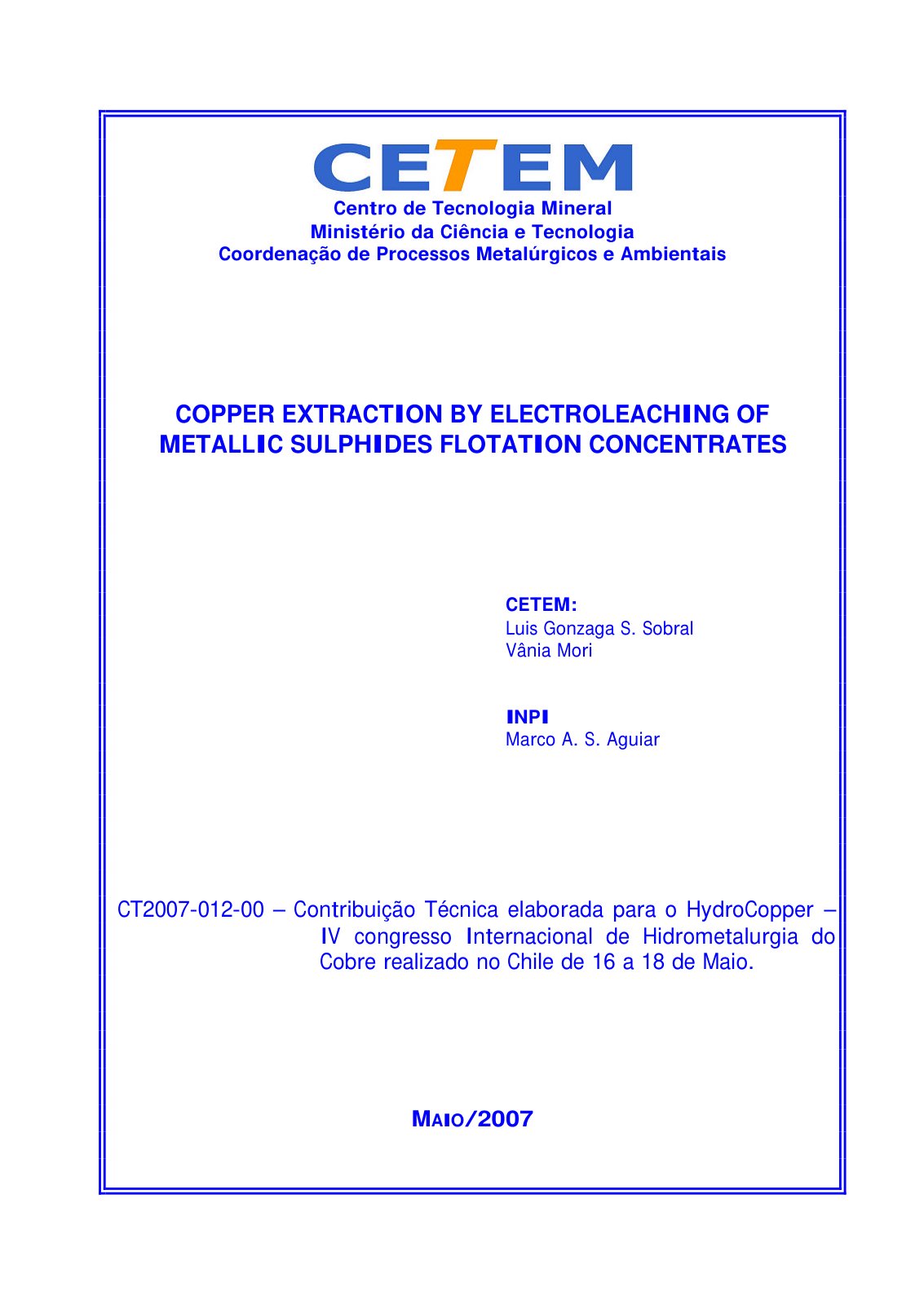 First page of COPPER EXTRACTION BY ELECTROLEACHING OF METALLIC SULPHIDES FLOTATION CONCENTRATES