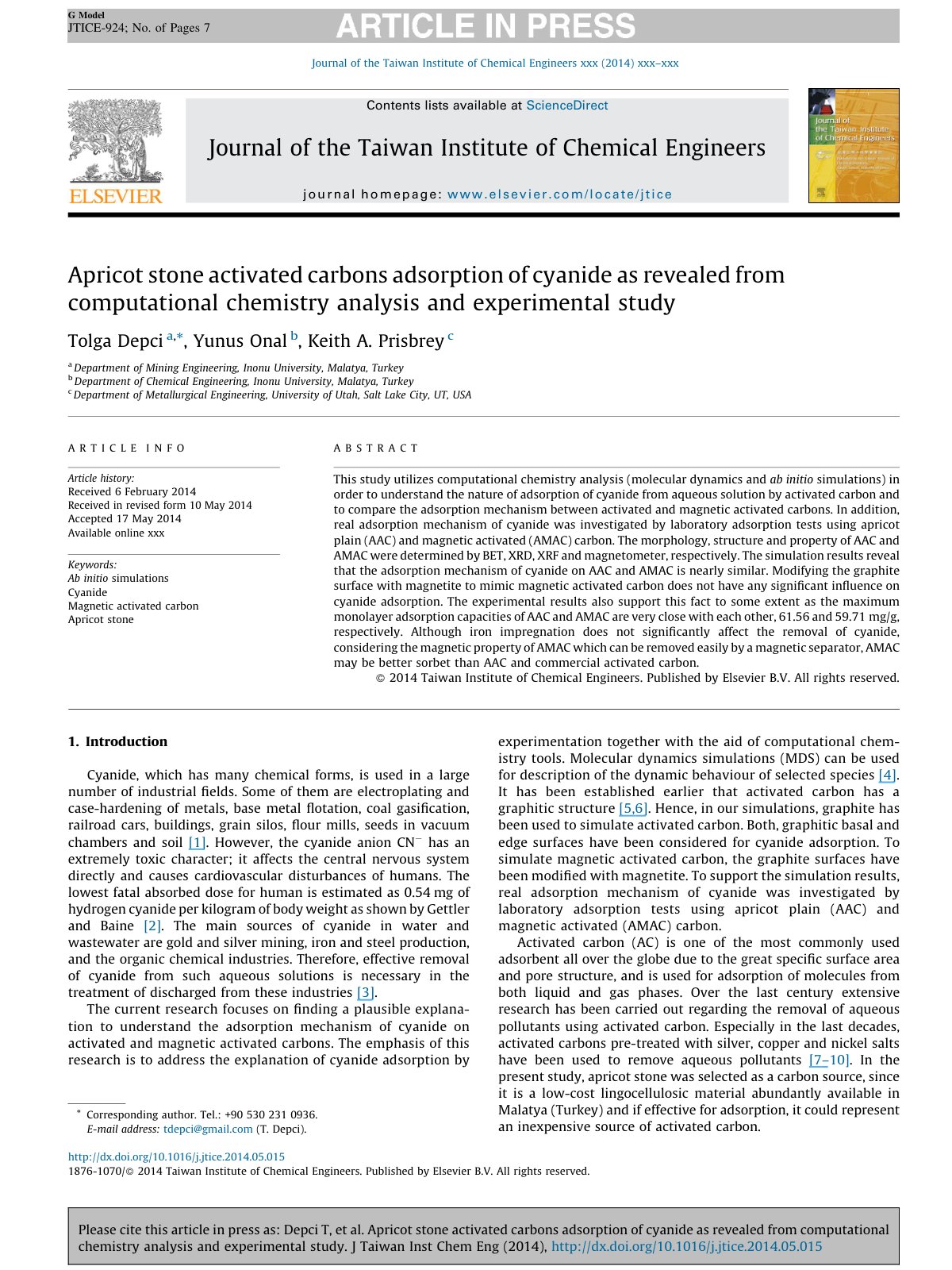 First page of Apricot stone activated carbons adsorpti
