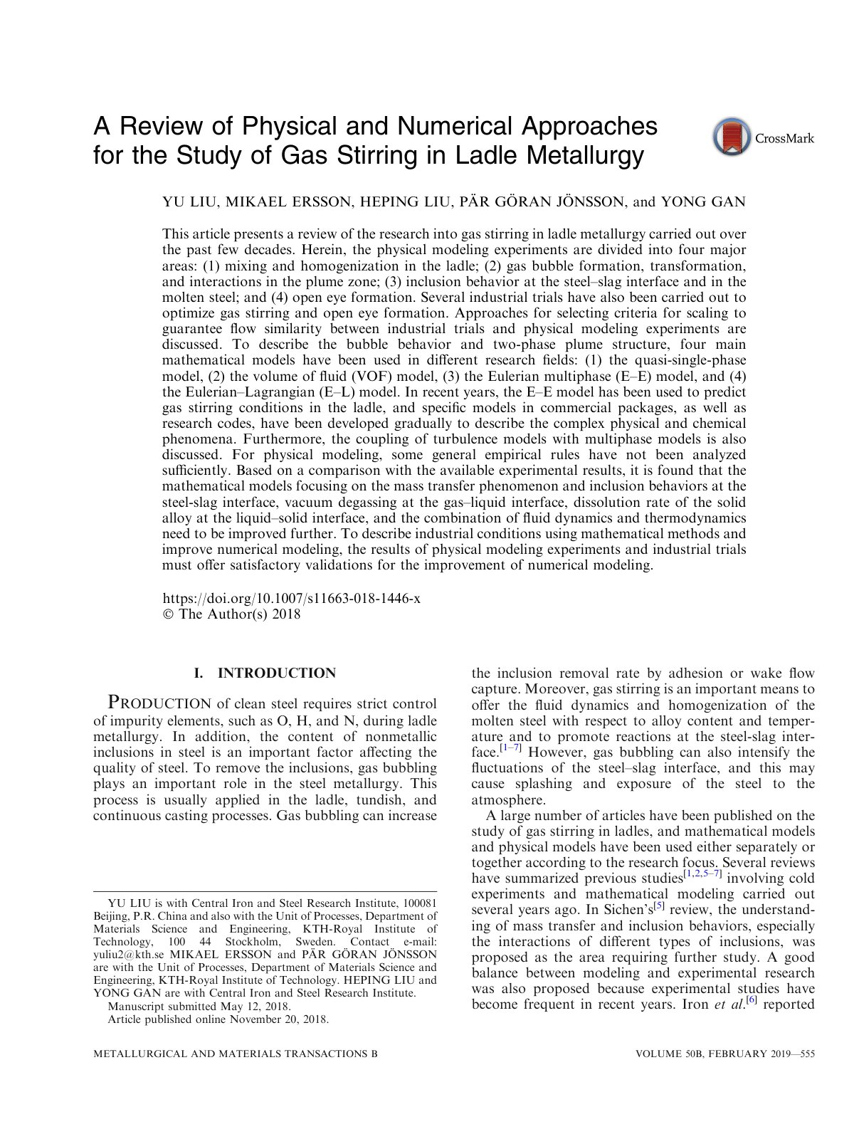 First page of A Review of Physical and Numerical Approaches for the Study of Gas Stirring in Ladle Metallurgy