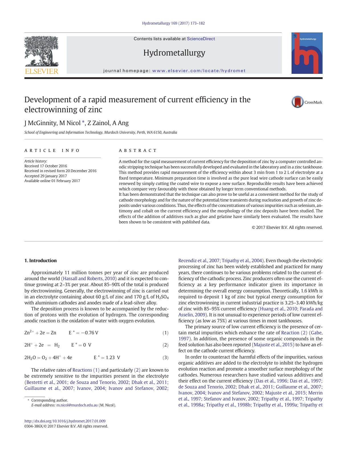 First page of Development of a rapid measurement of current efﬁciency in the electrowinning of zinc