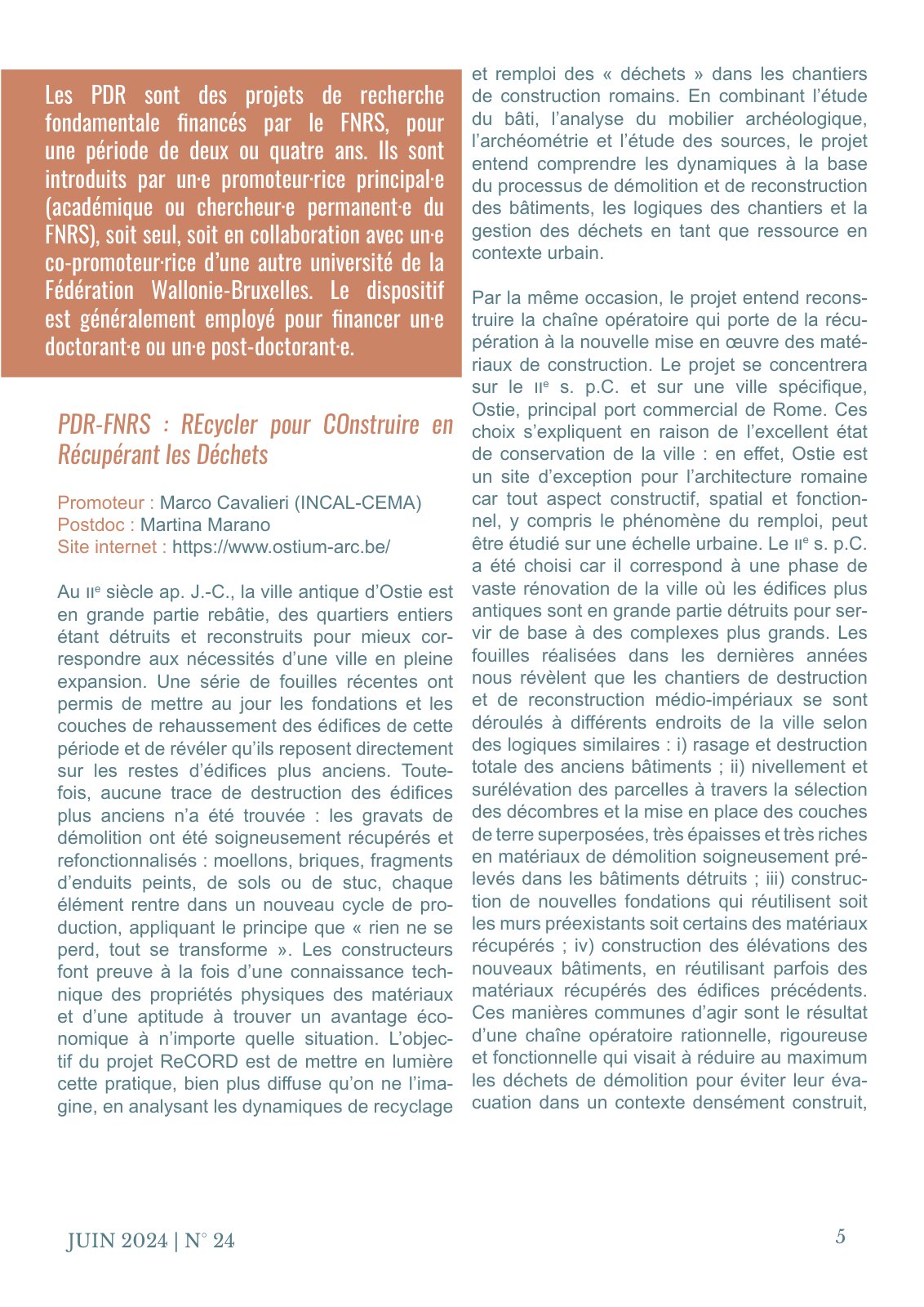 First page of PDR FNRS REcycler pour COnstruire en Rec