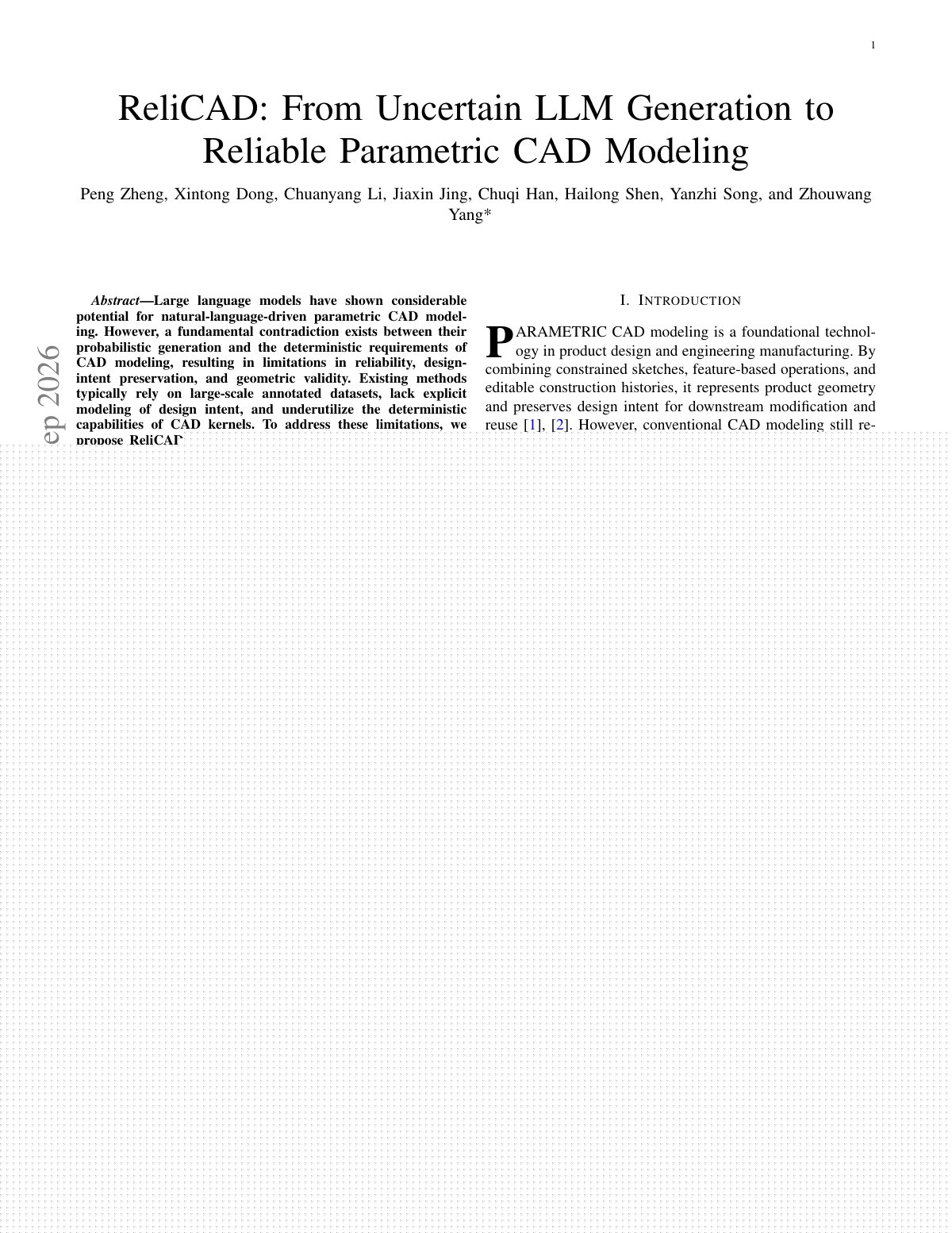 First page of ReliCAD: From Uncertain LLM Generation to Reliable Parametric CAD Modeling