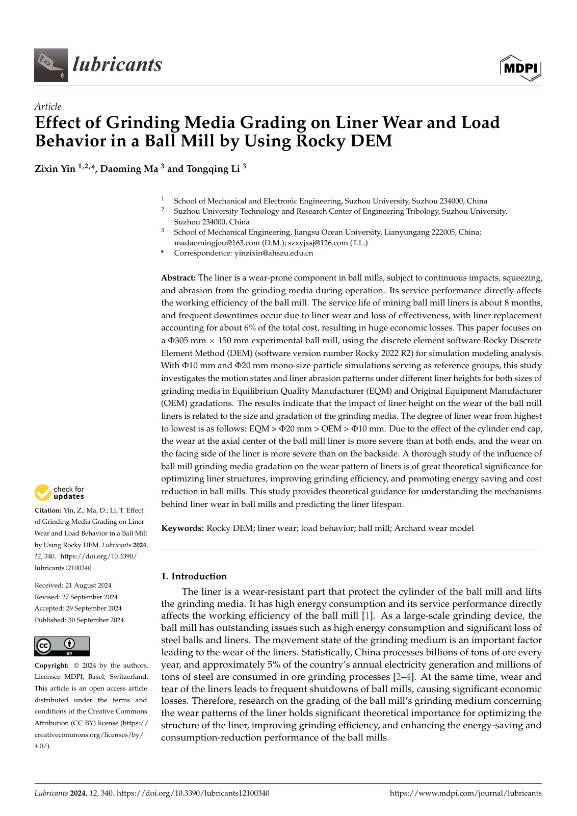 First page of Effect of Grinding Media Grading on Liner Wear and Load Behavior in a Ball Mill by Using Rocky DEM