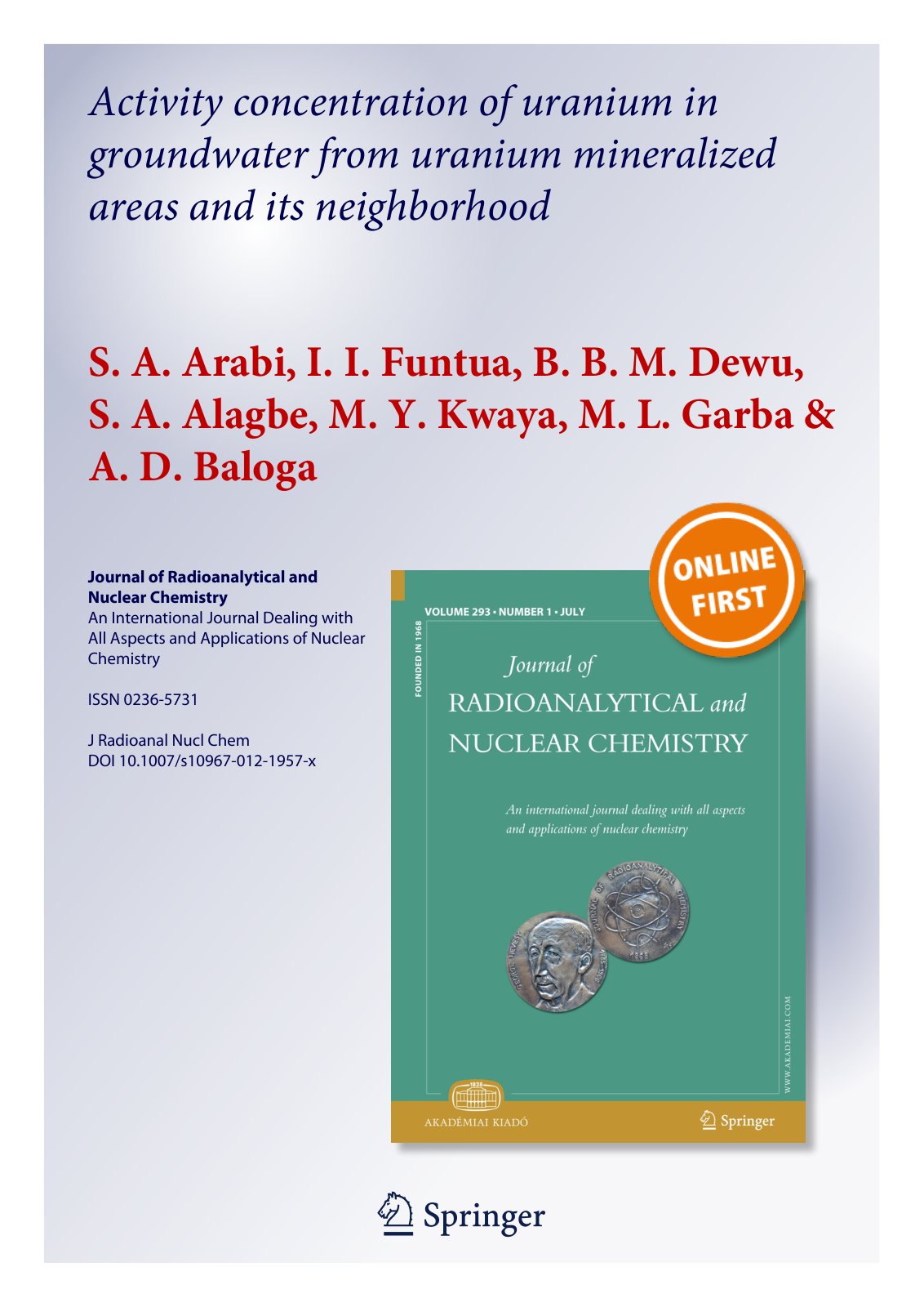 First page of Activity concentration of uranium in groundwater from uranium mineralized areas and its neighborhood