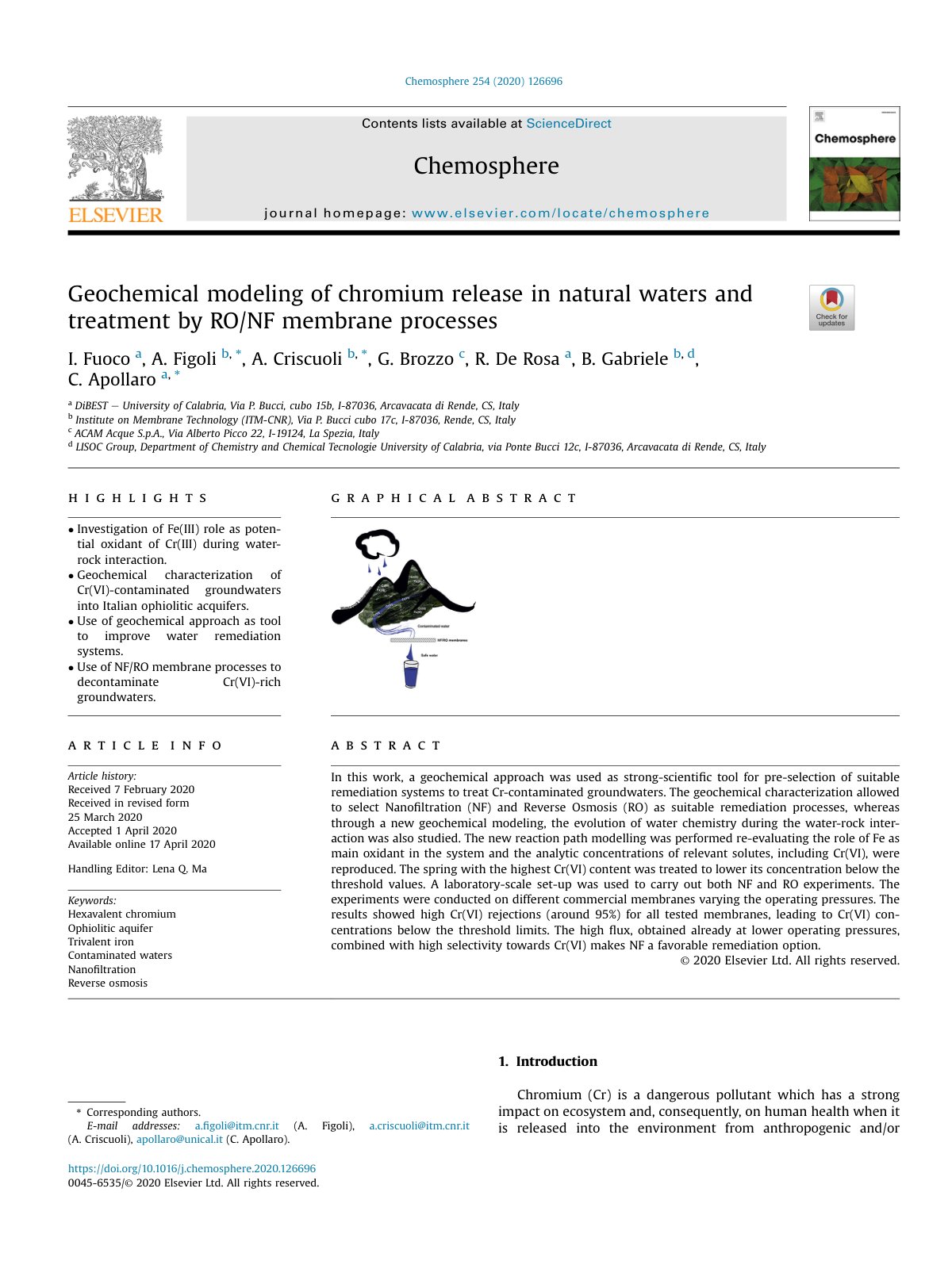 First page of Geochemical modeling of chromium release in natural waters and treatment by RO/NF membrane processes