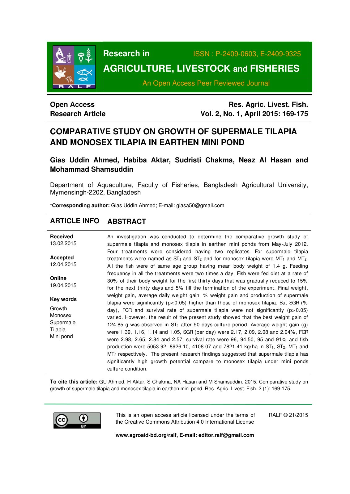 First page of Comparative study on growth of supermale tilapia and monosex tilapia in earthen mini pond