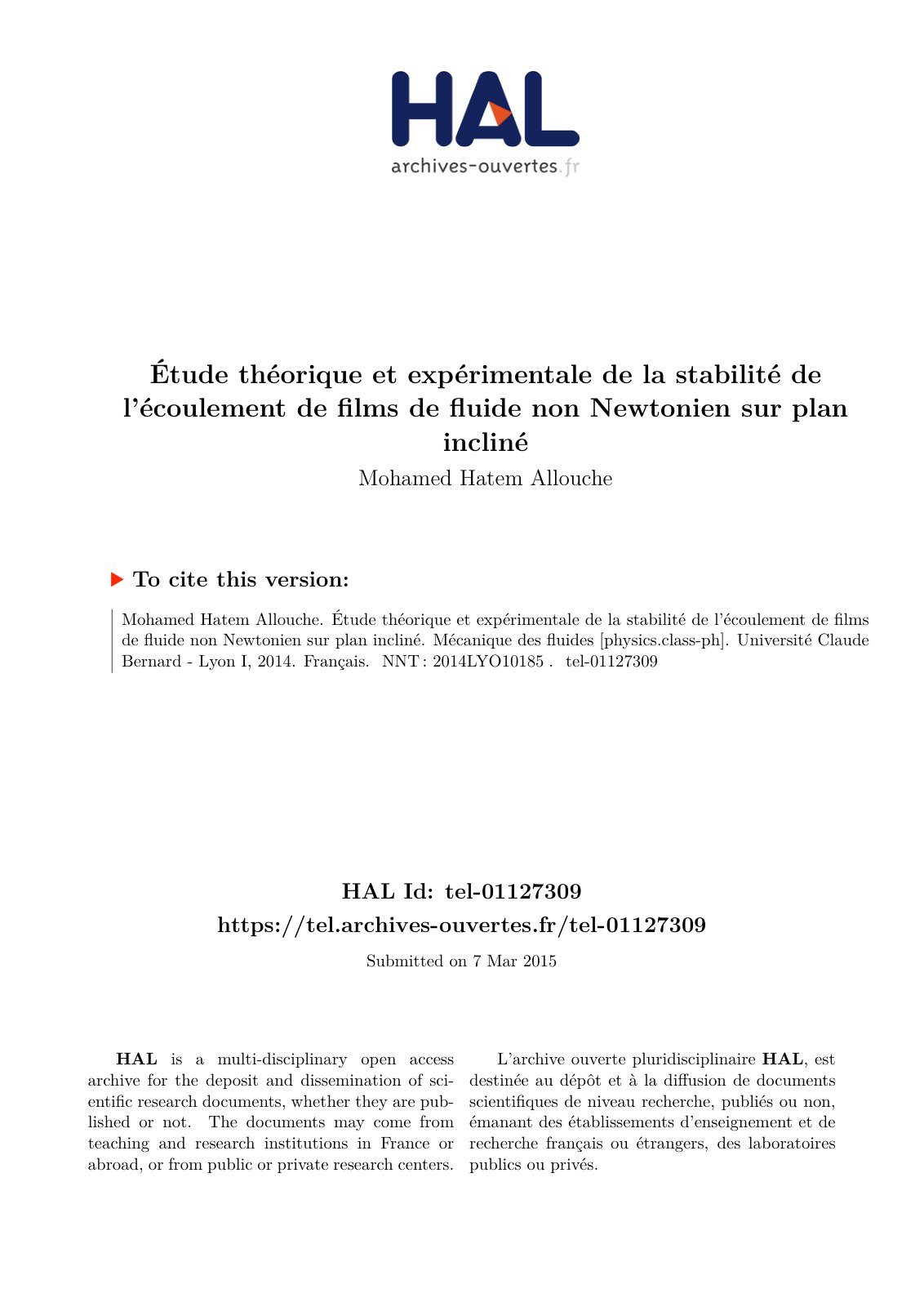 First page of Étude théorique et expérimentale de la stabilité de l’écoulement de films de fluide non Newtonien sur plan incliné