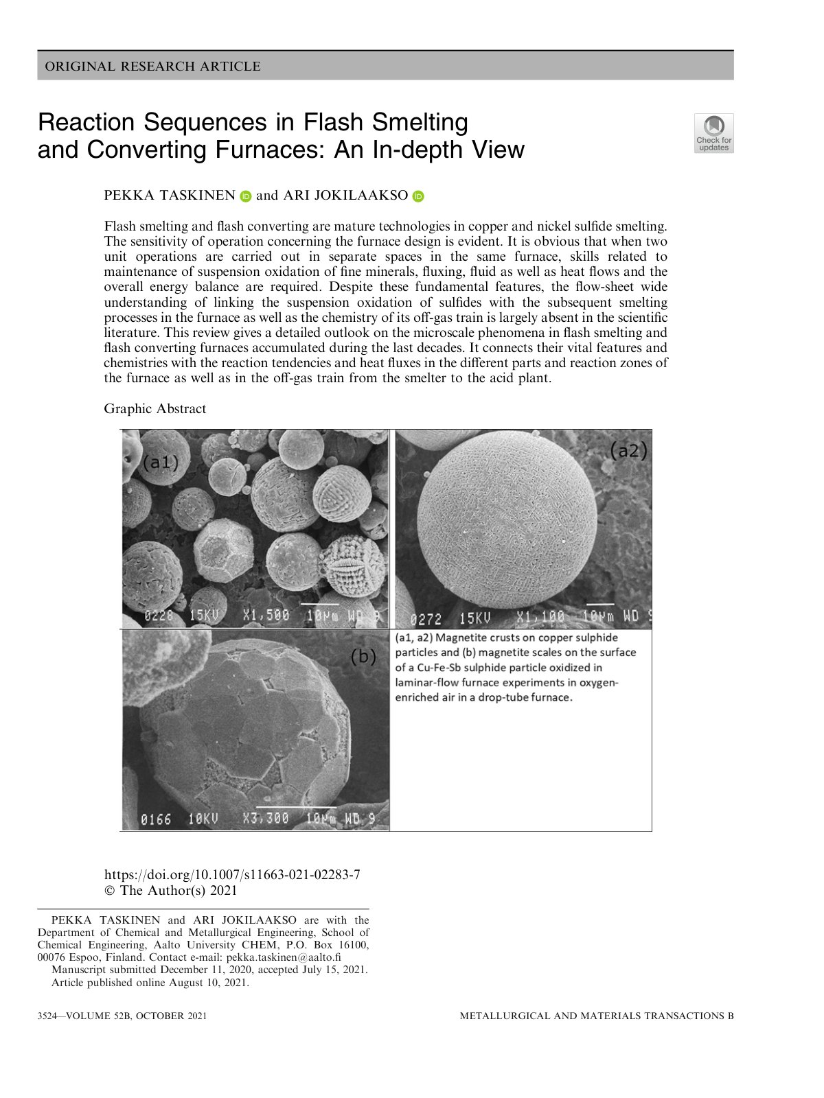 First page of Reaction Sequences in Flash Smelting and Converting Furnaces: An In-depth View