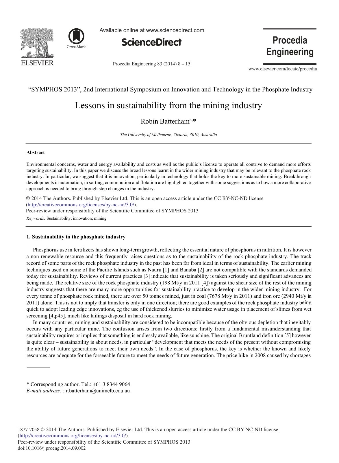 First page of Lessons in sustainability from the mining industry