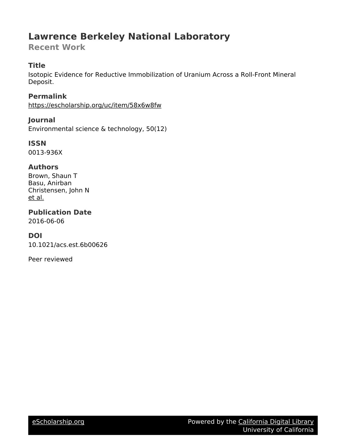 First page of Isotopic Evidence for Reductive Immobilization of Uranium Across a Roll-Front Mineral Deposit.