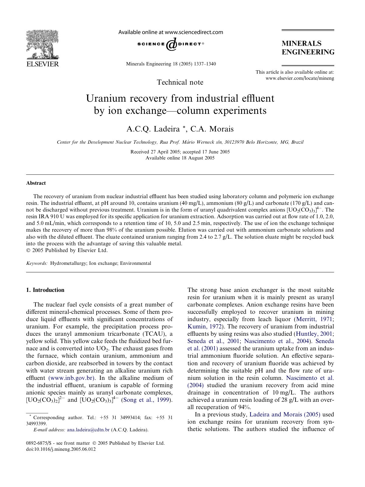 First page of Uranium recovery from industrial effluen