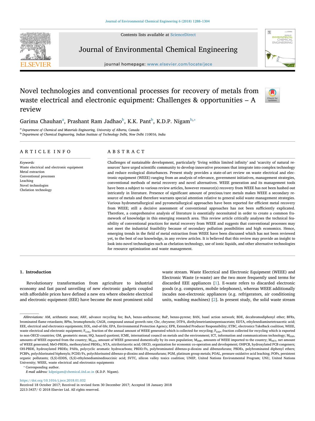 First page of Novel technologies and conventional processes for recovery of metals from waste electrical and electronic equipment: Challenges & opportunities – A review