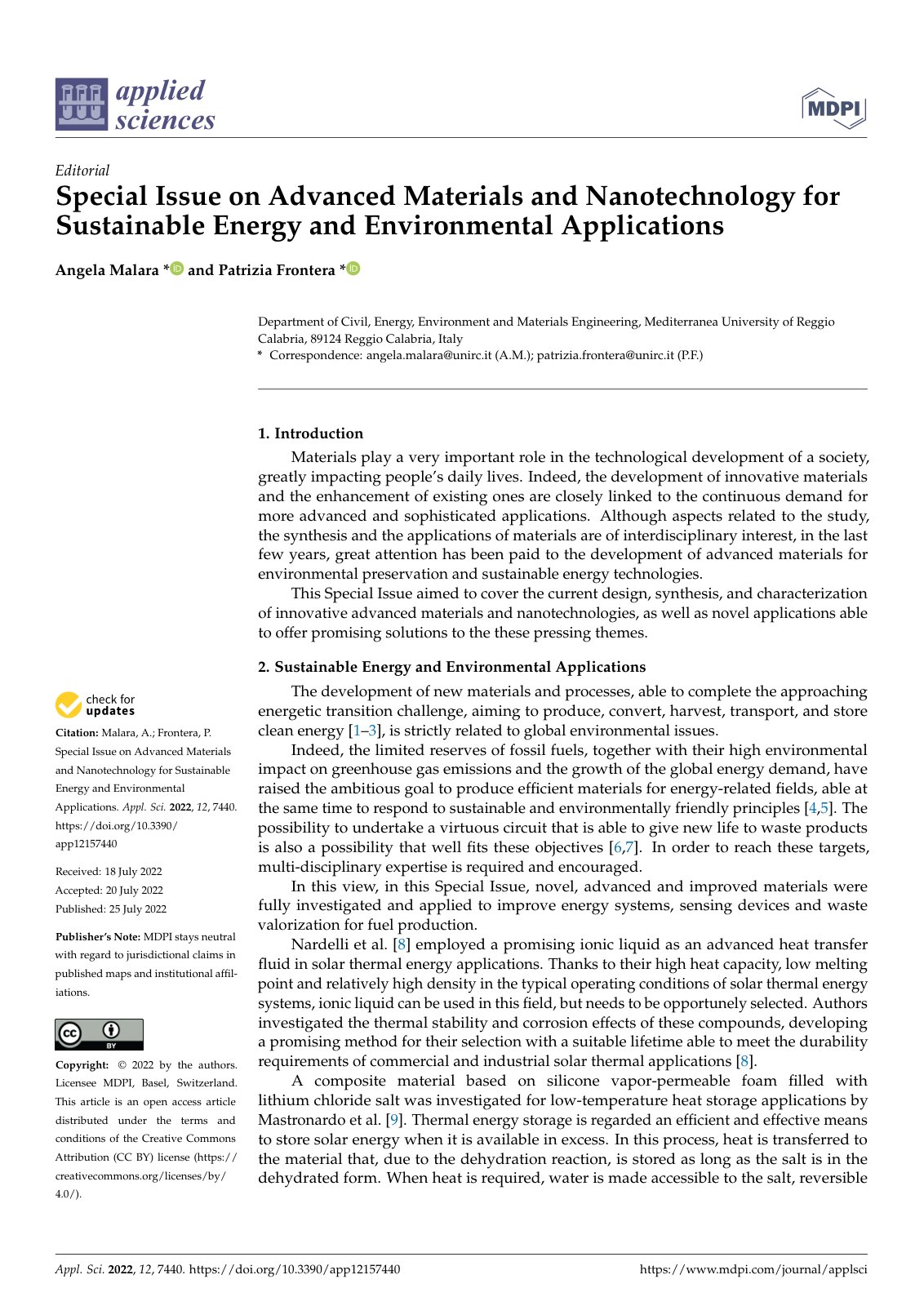 First page of Special Issue on Advanced Materials and