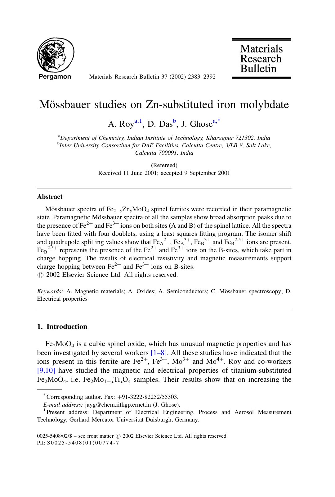 First page of Mossbauer studies on Zn substituted iron