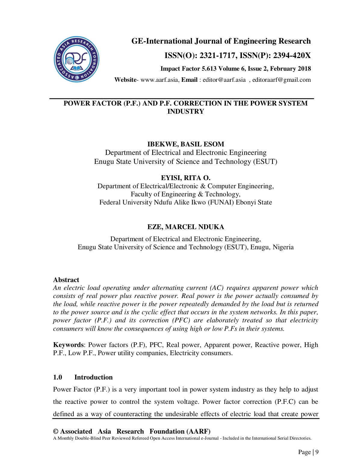 First page of POWER FACTOR P F AND P F CORRECTION IN T