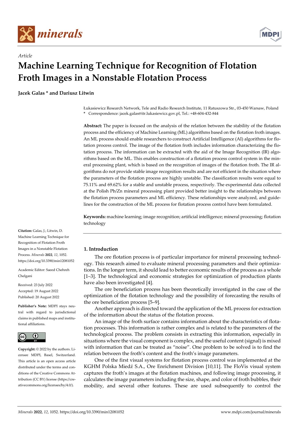 First page of Minerals 2022, 12, 1052. https://doi.org/10.3390/min12081052