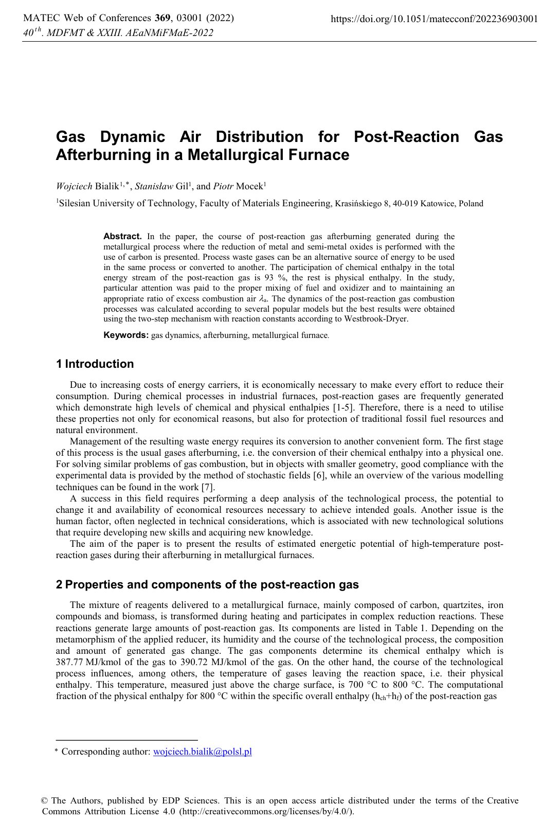 First page of Gas Dynamic Air Distribution for Post-Reaction Gas Afterburning in a Metallurgical Furnace