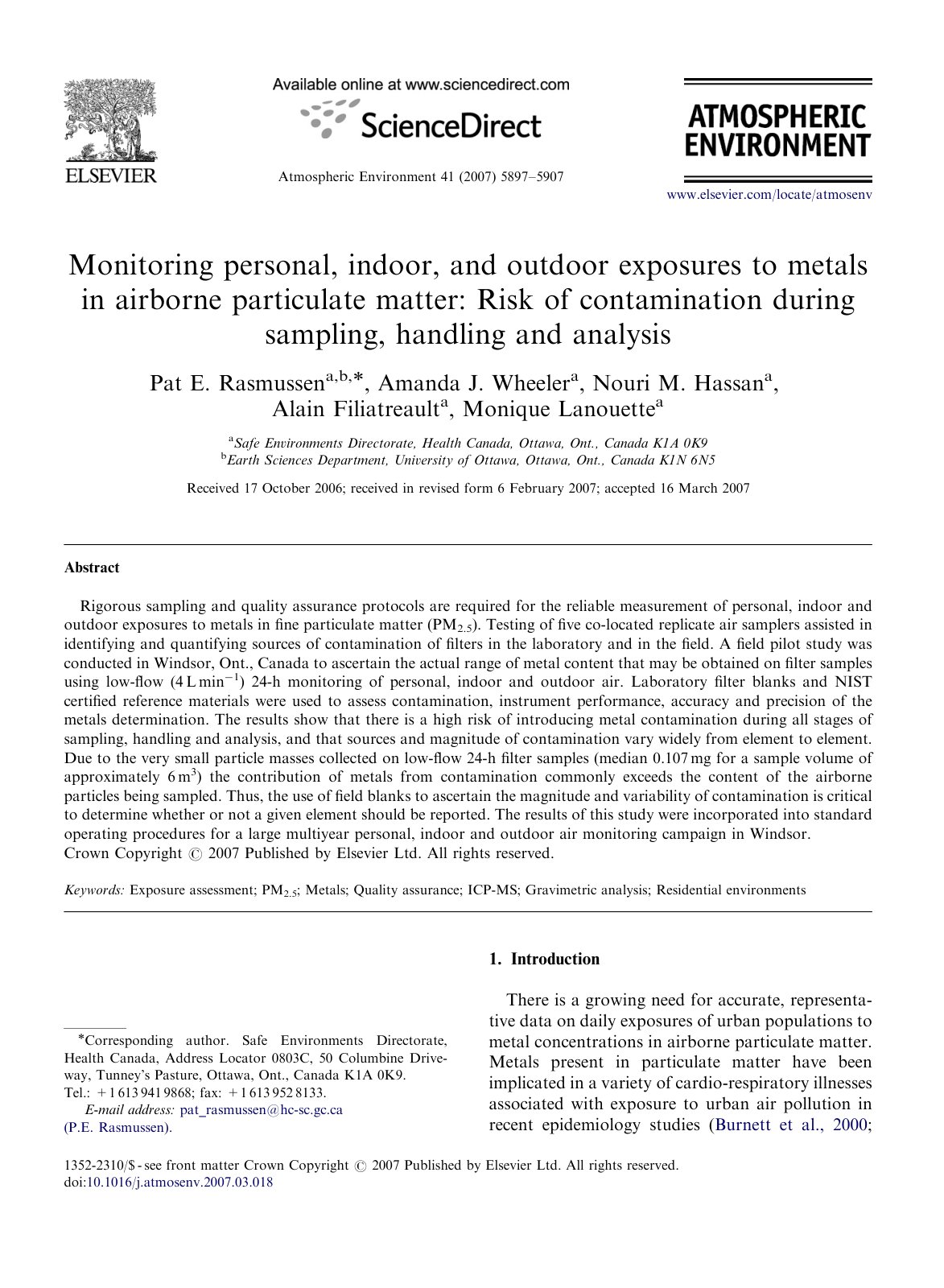 First page of Monitoring personal, indoor, and outdoor exposures to metals in airborne particulate matter: Risk of contamination during sampling, handling and analysis
