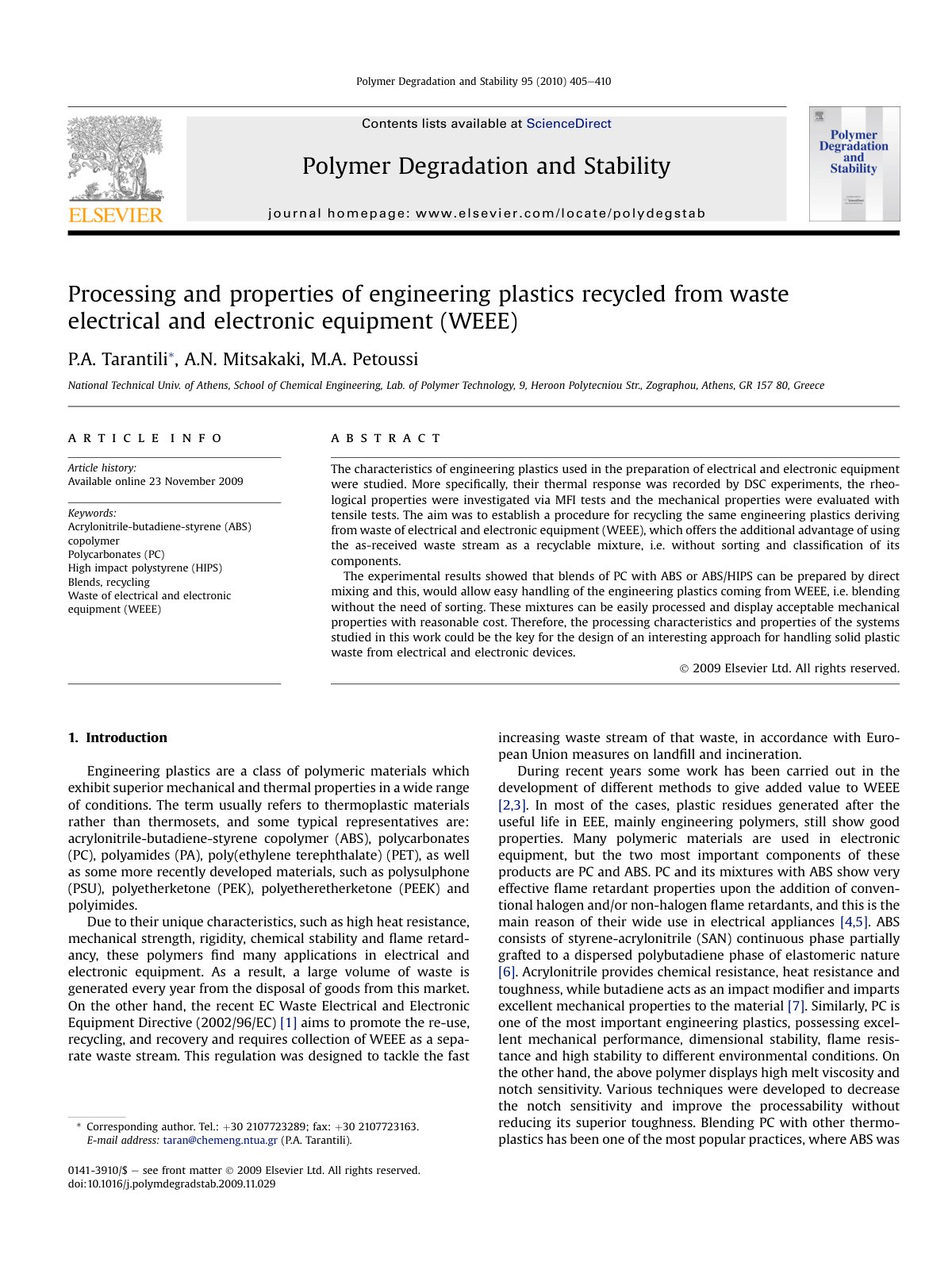 First page of Processing and properties of engineering plastics recyc 2010 Polymer Degrada
