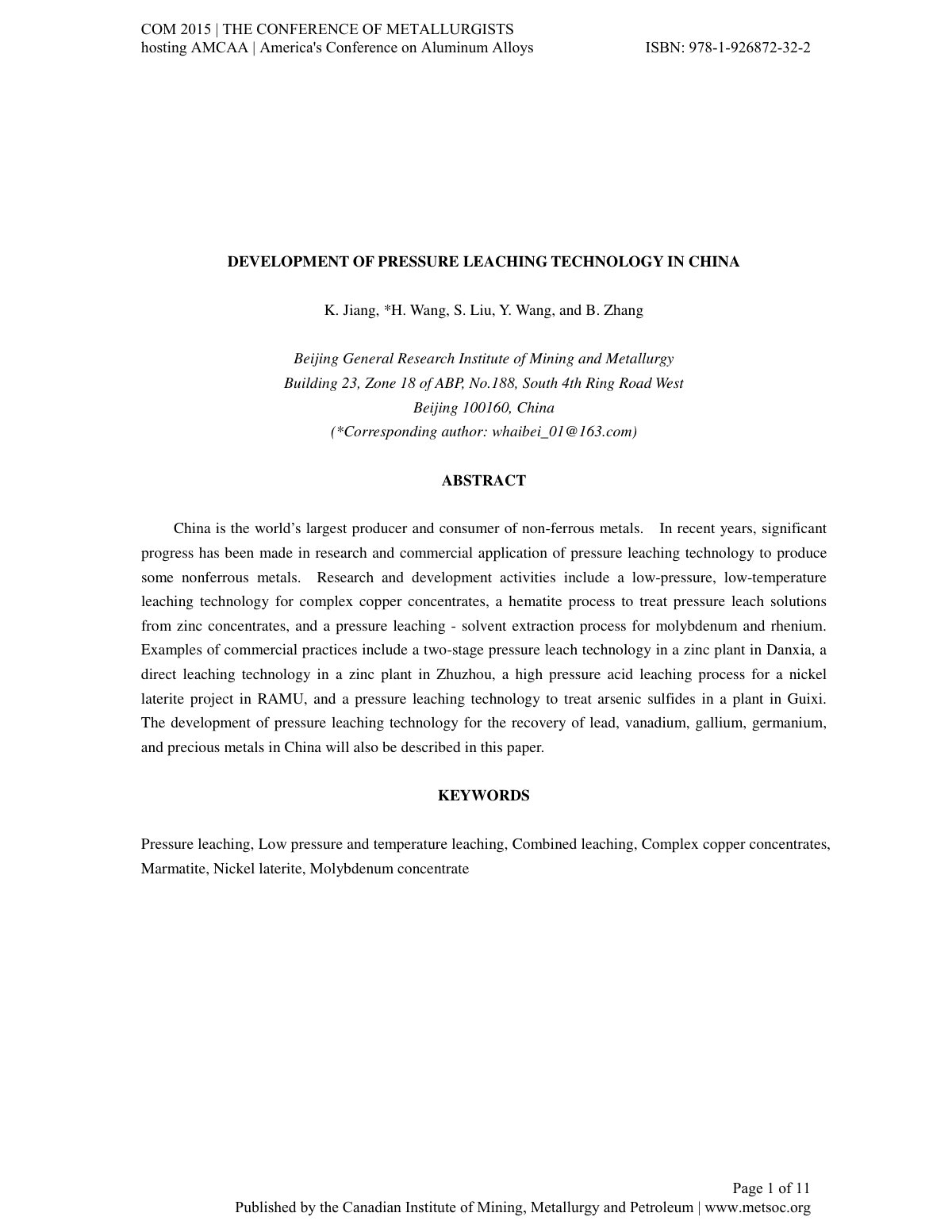 First page of DEVELOPMENT OF PRESSURE LEACHING TECHNOLOGY IN CHINA