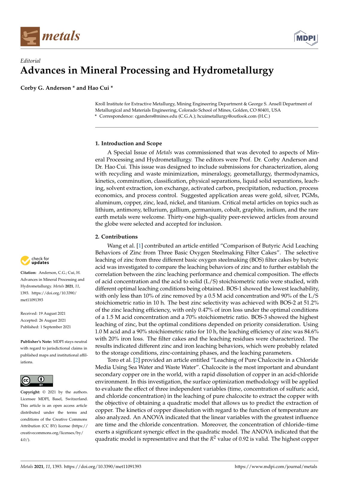 First page of Advances in Mineral Processing and Hydro