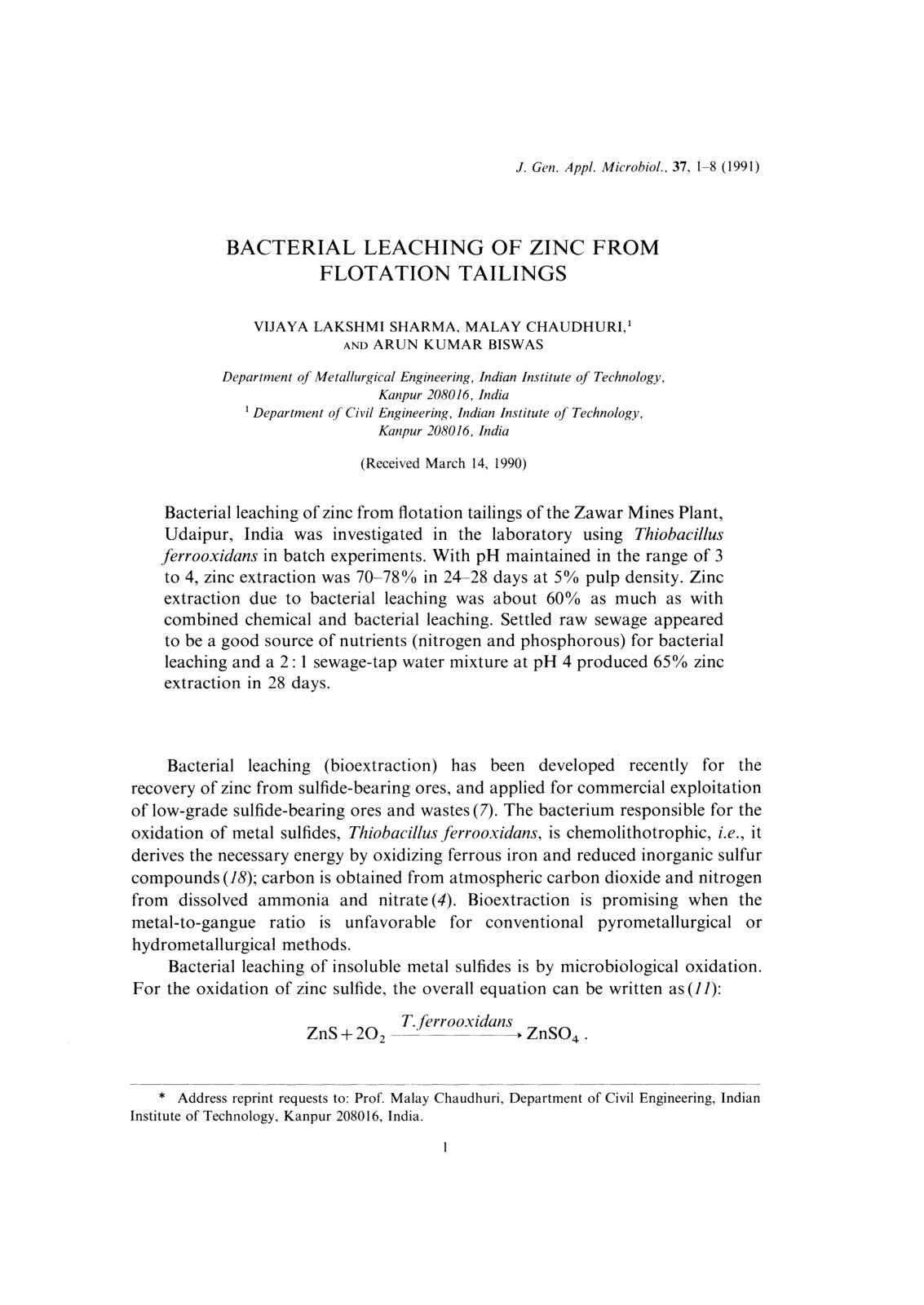 First page of BACTERIAL LEACHING OF ZINC FLOTATION TAILINGS
