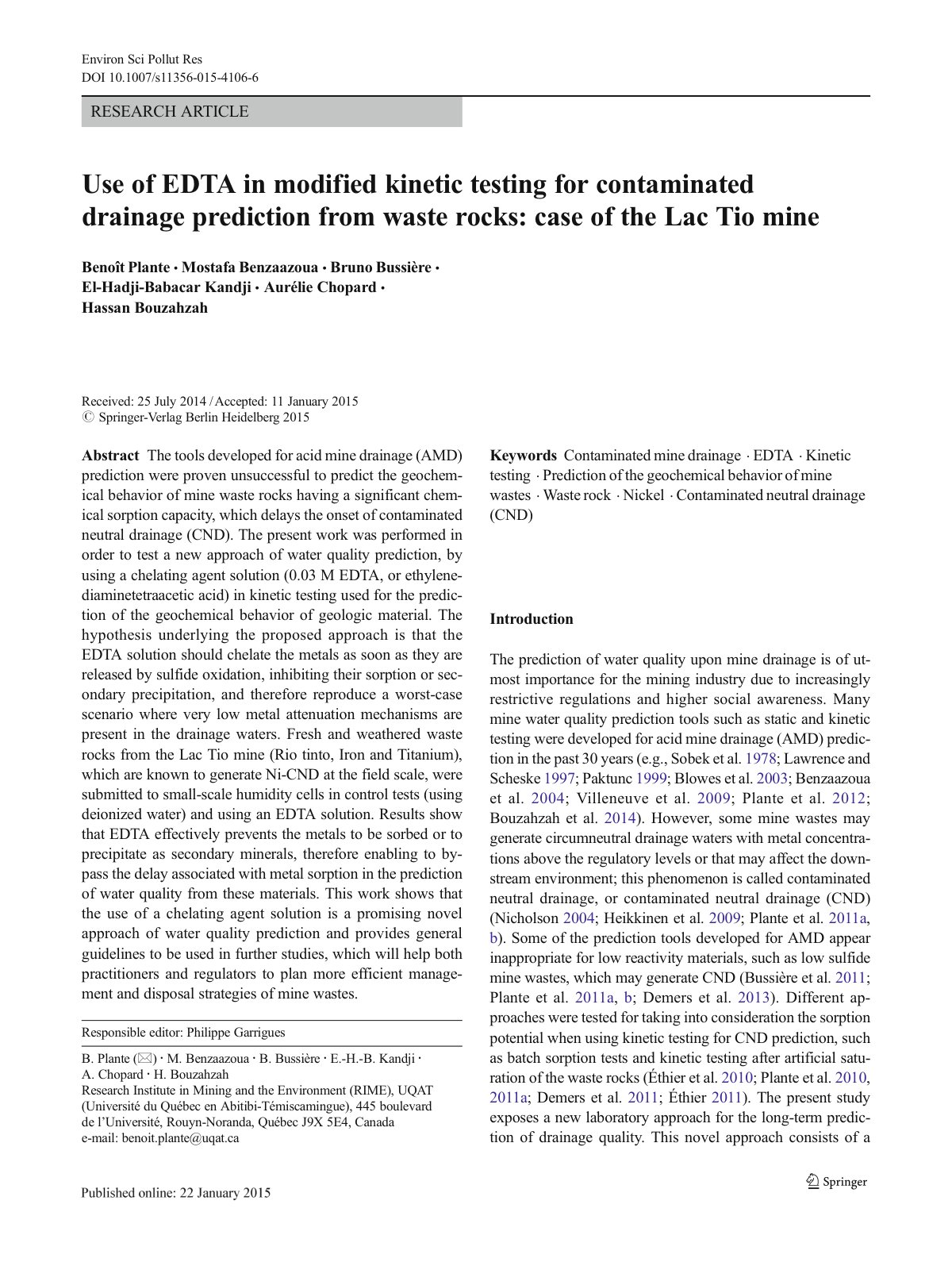 First page of Use of EDTA in modified kinetic testing for contaminated drainage prediction from waste rocks: case of the Lac Tio mine