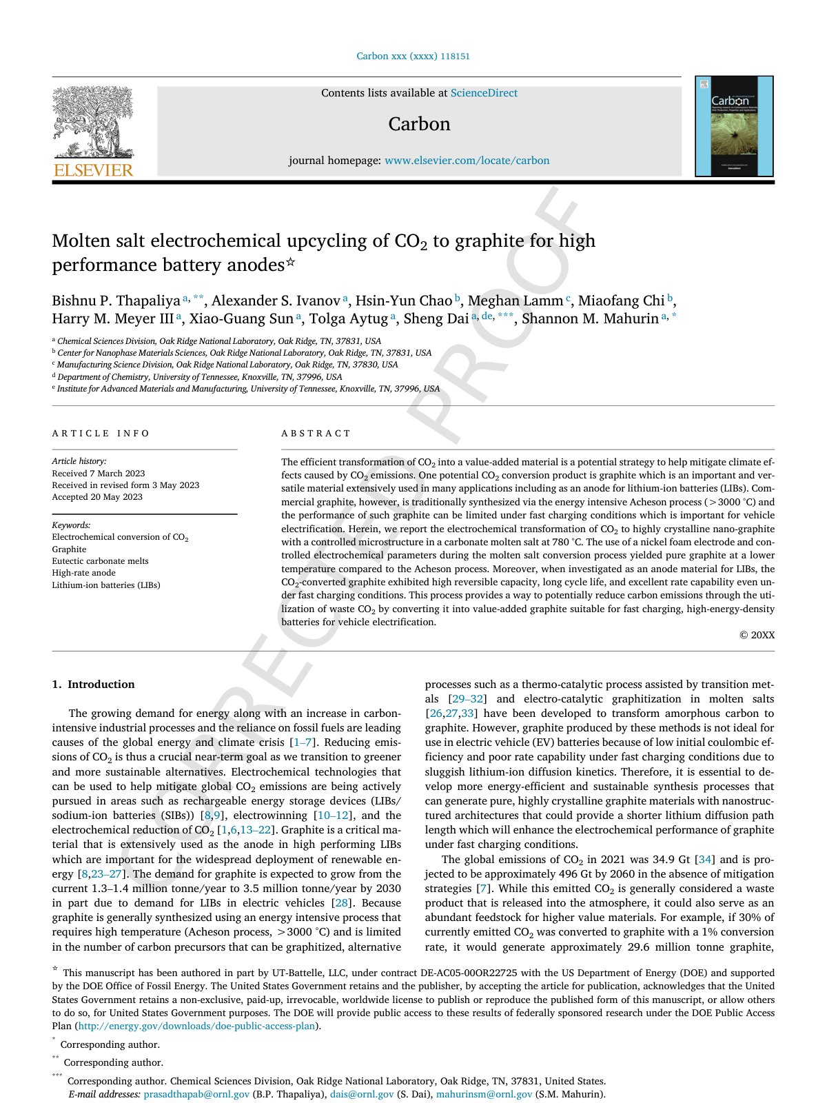First page of Molten salt electrochemical upcycling of CO2 to graphite for high performance battery anodes