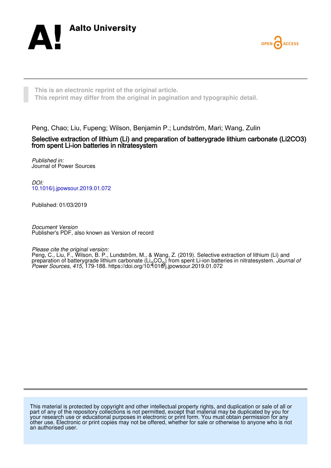 First page of Selective extraction of lithium Li and p