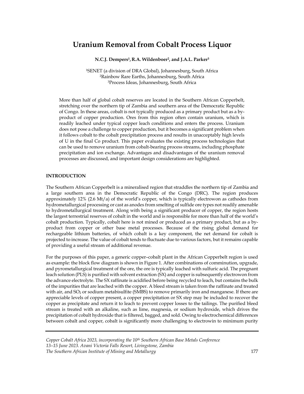 First page of Uranium Removal from Cobalt Process Liquor
