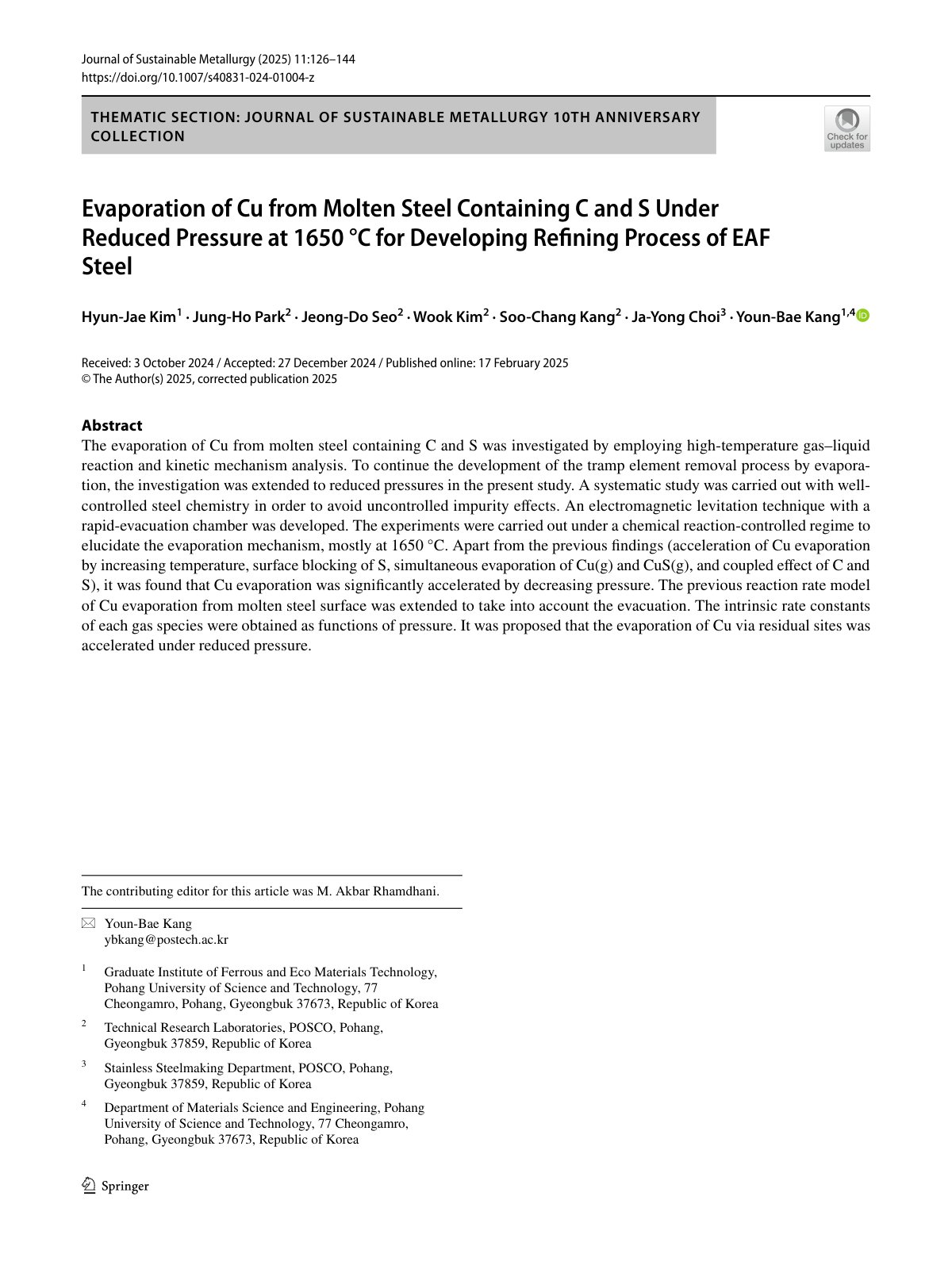 First page of 2025 Hyun Jae Kim Evaporation of Cu from Molten Steel Containing C and S Under Reduced Pressure at 1650 C for Developing Refining Process of EAF Steel s40831 024