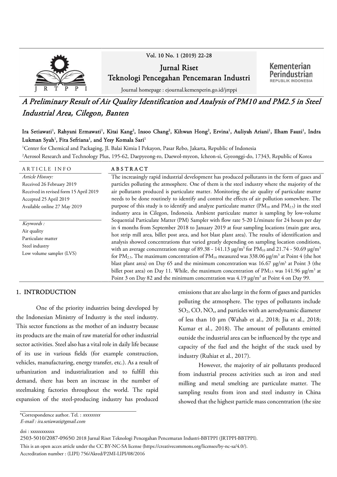 First page of A Preliminary Result of Air Quality Identification and Analysis of PM10 and PM2.5 in Steel Industrial Area, Cilegon, Banten