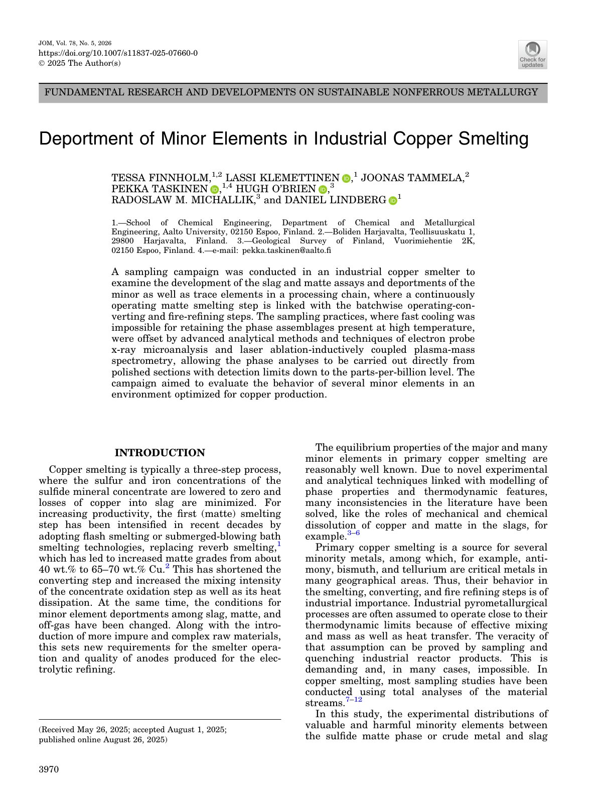 First page of 2026 Finnholm Minor Elements Copper Smelting