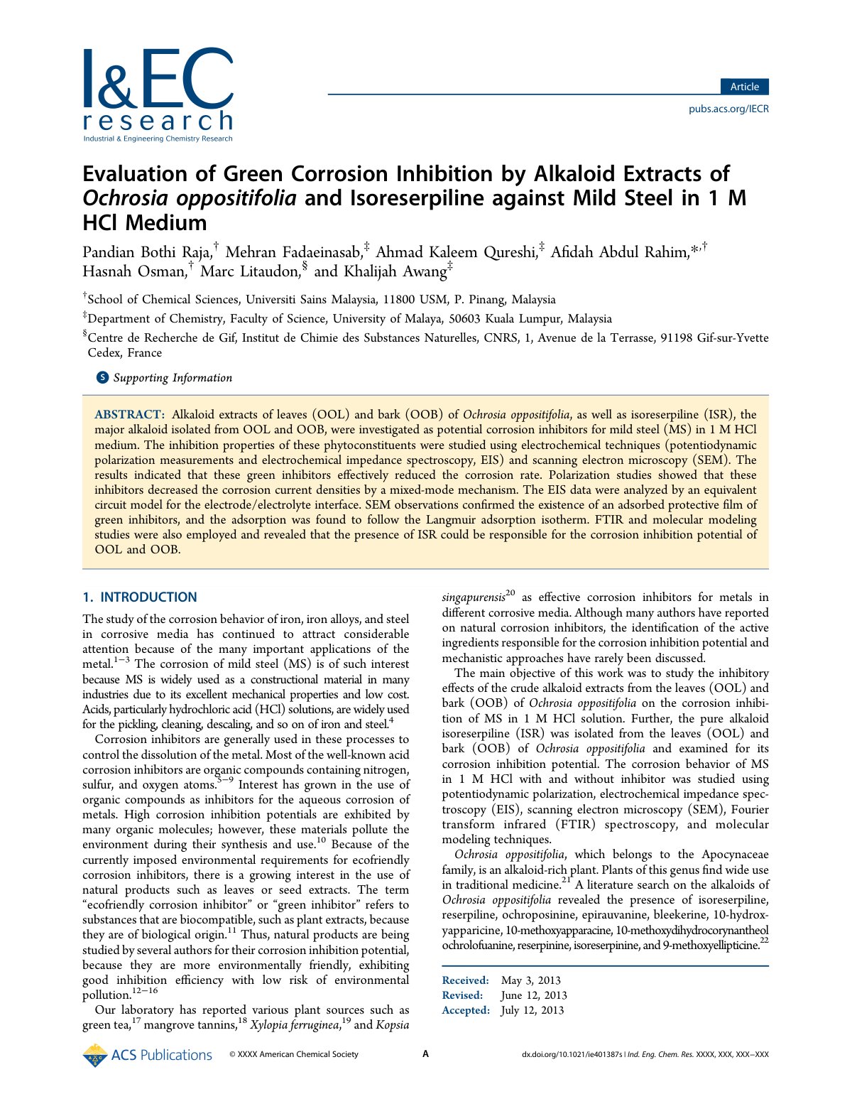 First page of Evaluation of Green Corrosion Inhibition by Alkaloid Extracts of Ochrosia oppositifolia and Isoreserpiline against Mild Steel in 1 M HCl Medium