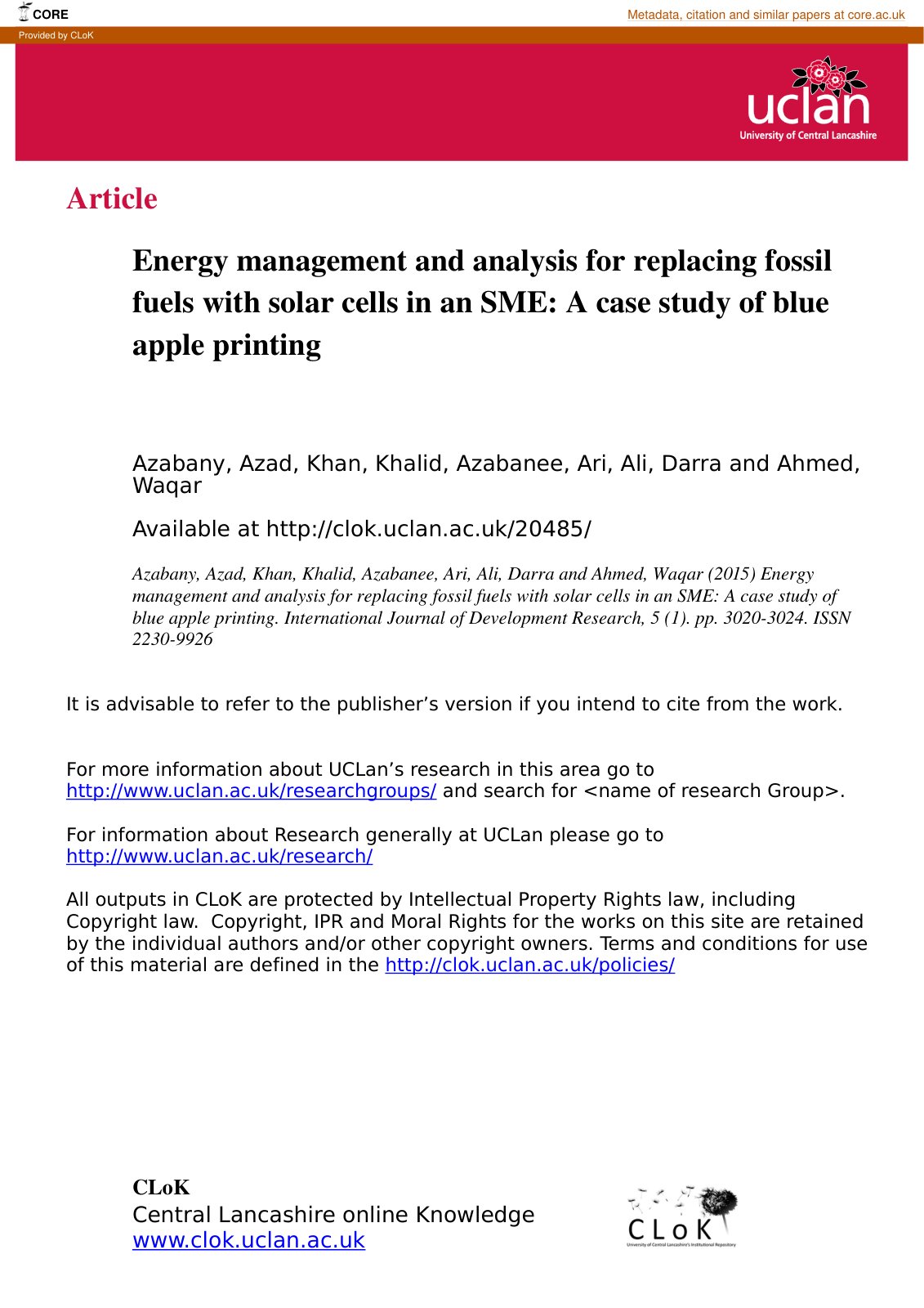 First page of Energy management and analysis for repla
