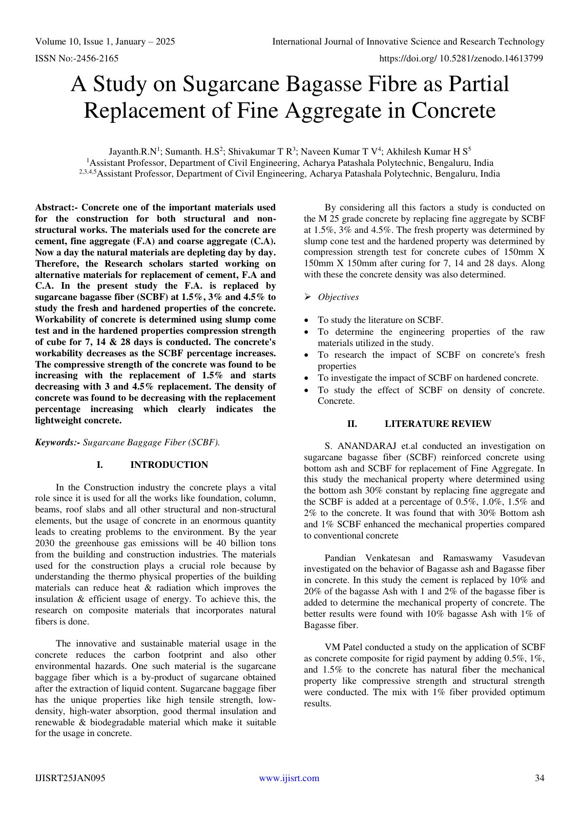 First page of A Study on Sugarcane Bagasse Fibre as Partial Replacement of Fine Aggregate in Concrete