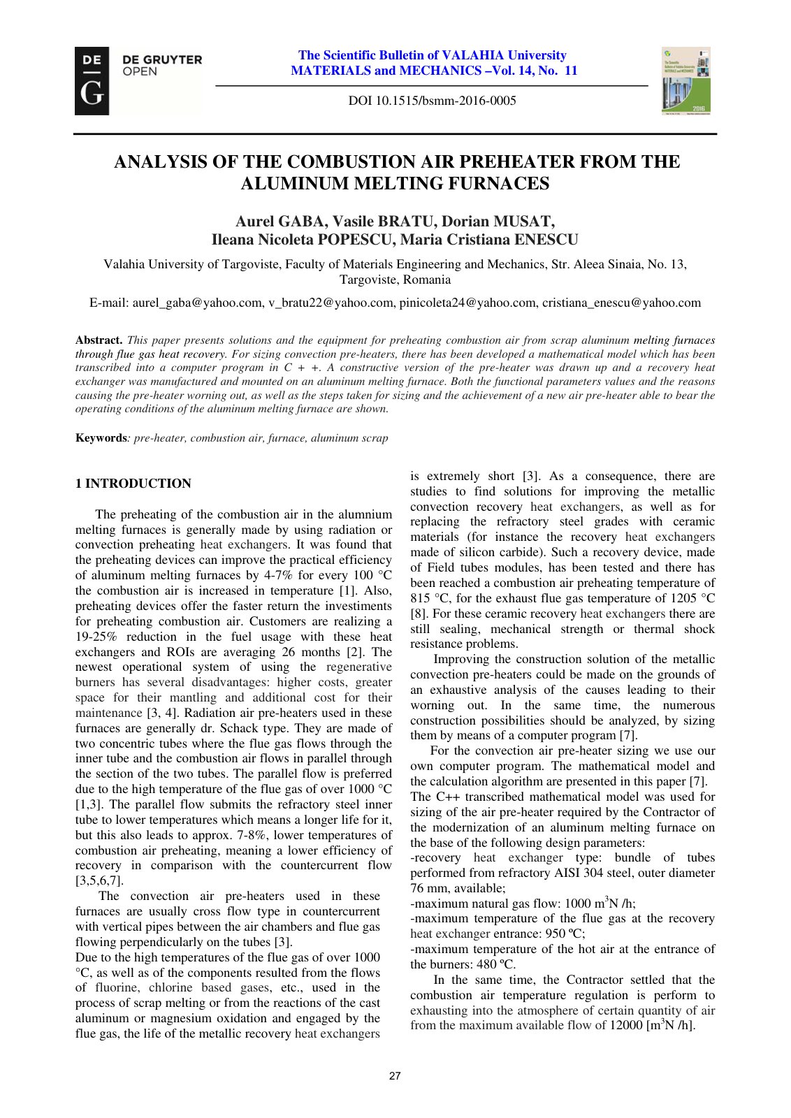 First page of ANALYSIS OF THE COMBUSTION AIR PREHEATER FROM THE ALUMINUM MELTING FURNACES